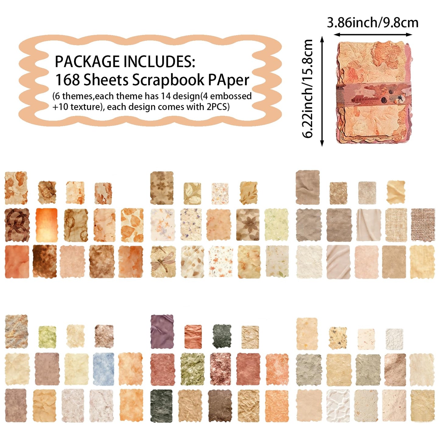168PCS Textured Scrapbook Paper Kit 6 Themes Scrapbook Journaling Supplies Embossed Rice Decoupage Paper Mixed Media for Bullet Journaling, Junk Journal, Retro Crafts