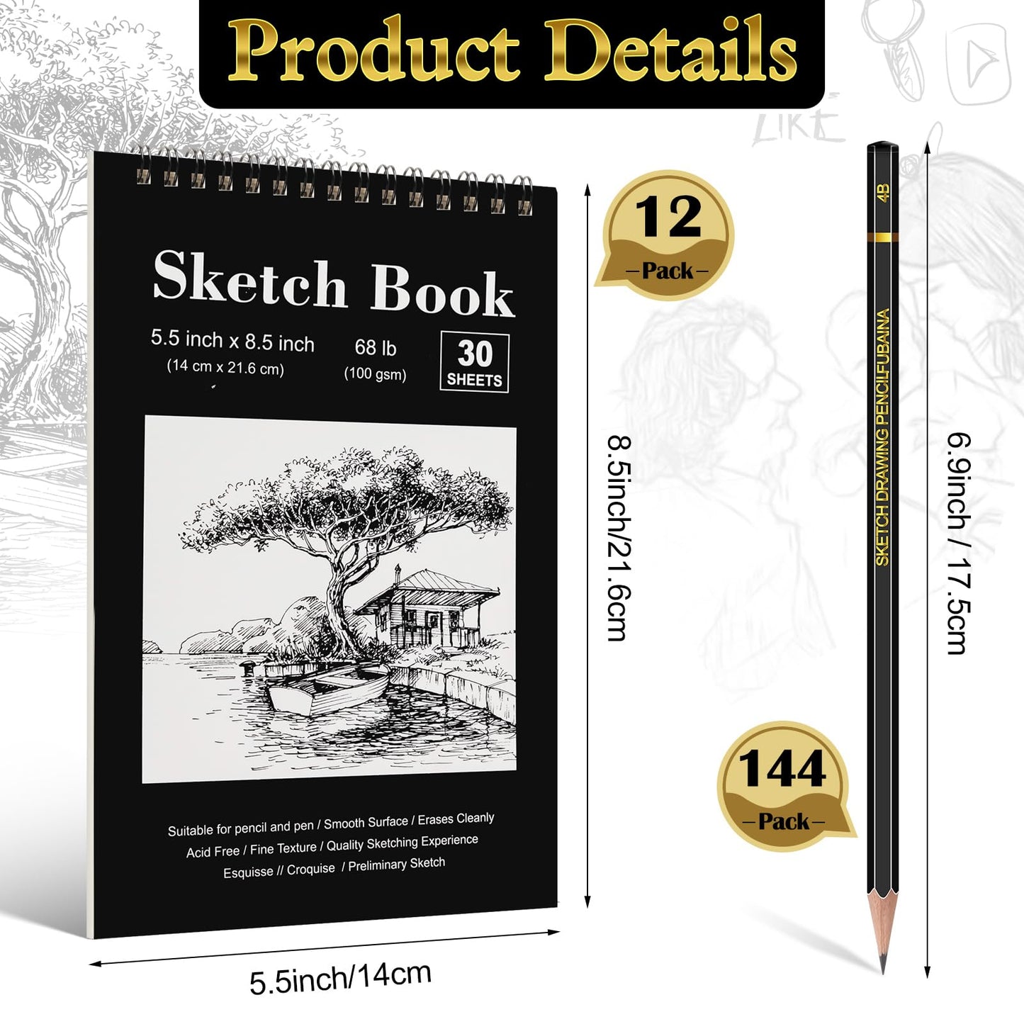 Humyoun 24 Pcs Top Spiral Bound Sketch Pad with Drawing Pencils Set, 5.5 x 8.5 Inch Sketchbook, 68lb(100gsm) Thick Paper, Charcoal & Graphite Pencils (12B-4H) for Shading, Artists & Beginners