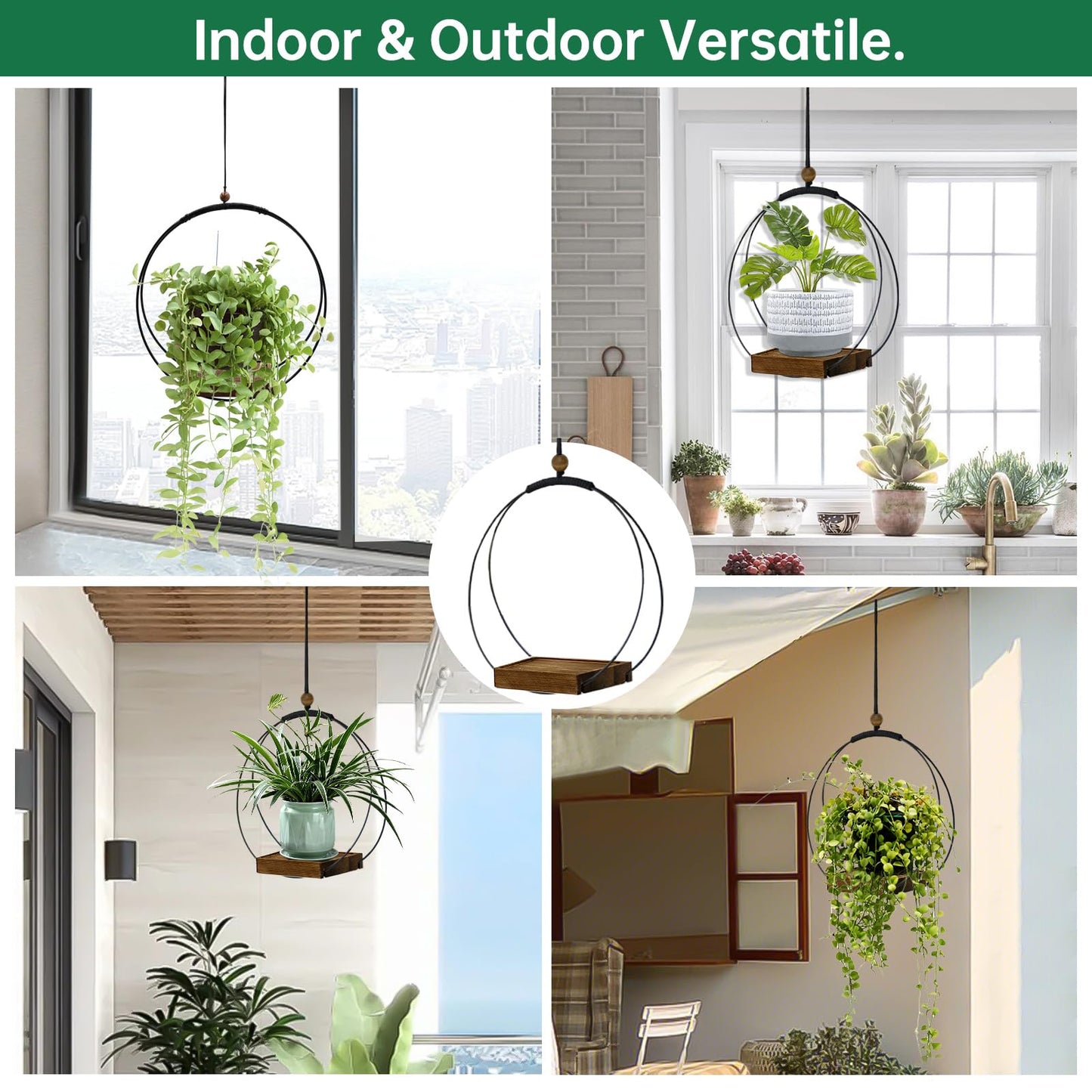 hismocal 2 Pack Hanging Planter for Indoor Plants, Black Plant Hanger with Sturdy Wood Base, Modern Boho Macrame Hanger, Wall Ceiling Window Planter (Plants/Pots Not Included)