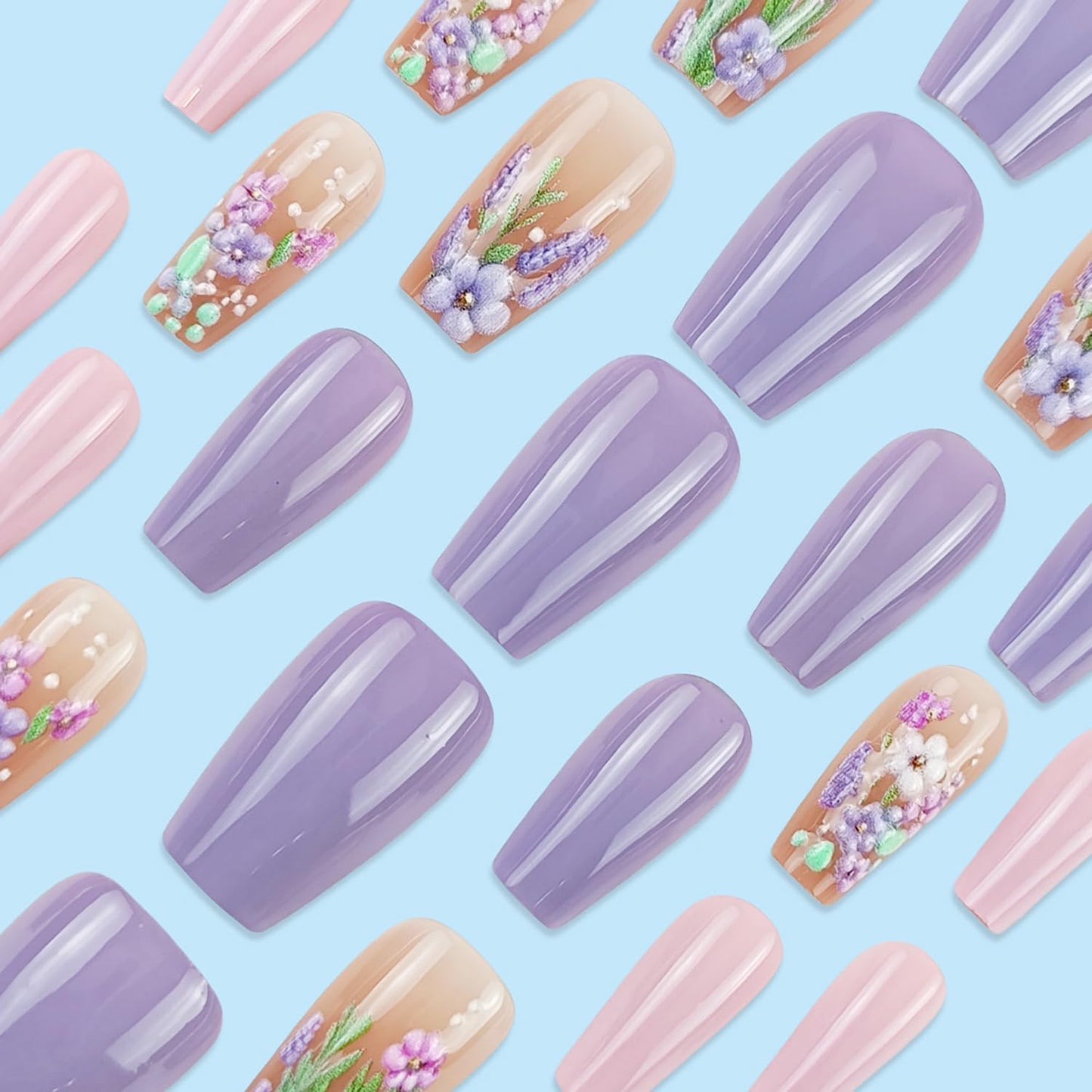 Flower French Tip Press on Nails Medium Coffin Fake Nails Glossy Purple Acrylic Press on Nails Lavender Floral False Nails Reusable Summer Artificial Nails Full Cover Stick on Nails for Women, 24Pcs