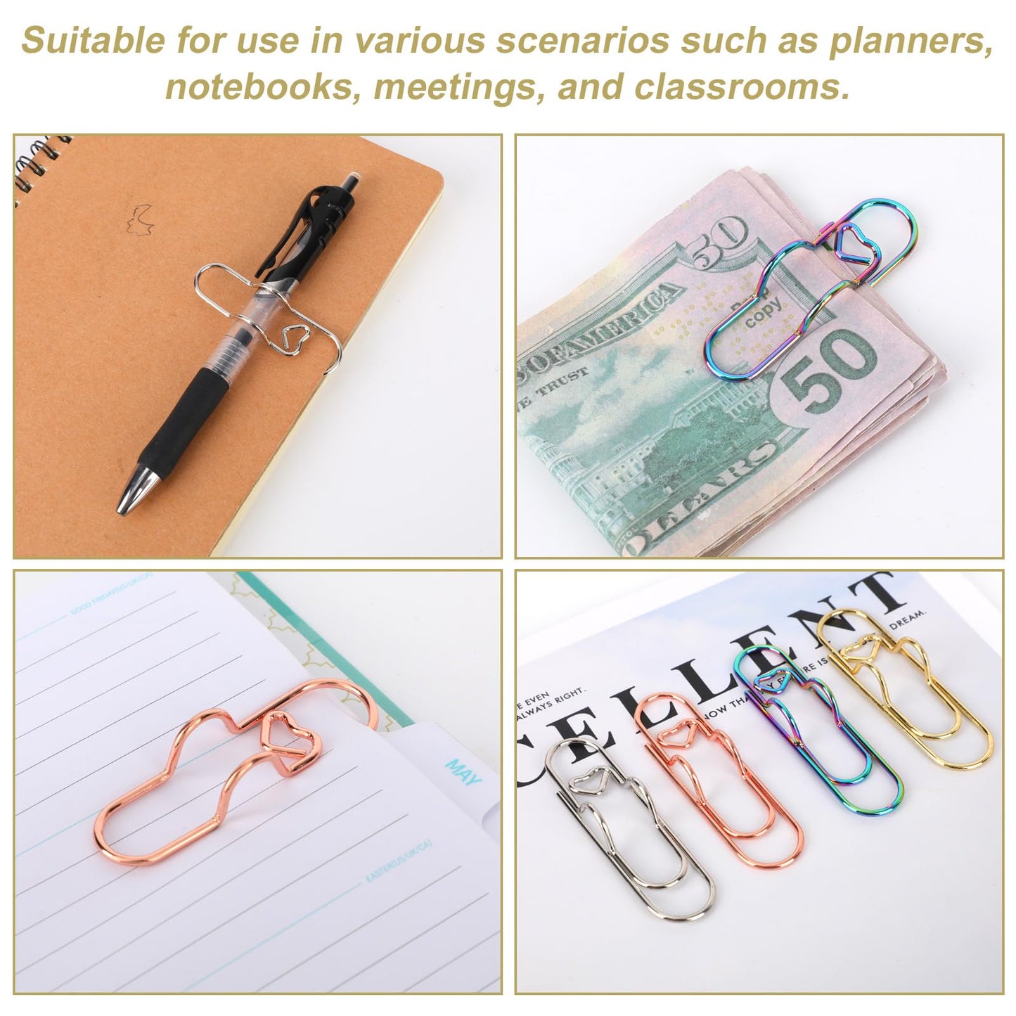 Fukaisu 30pcs Metal Pen Clips for Notebooks, 2 Styles Colorful Paperclip Pen Loop Holders Study Stationery Accessories for Book Journals Planners Office & School Supplies