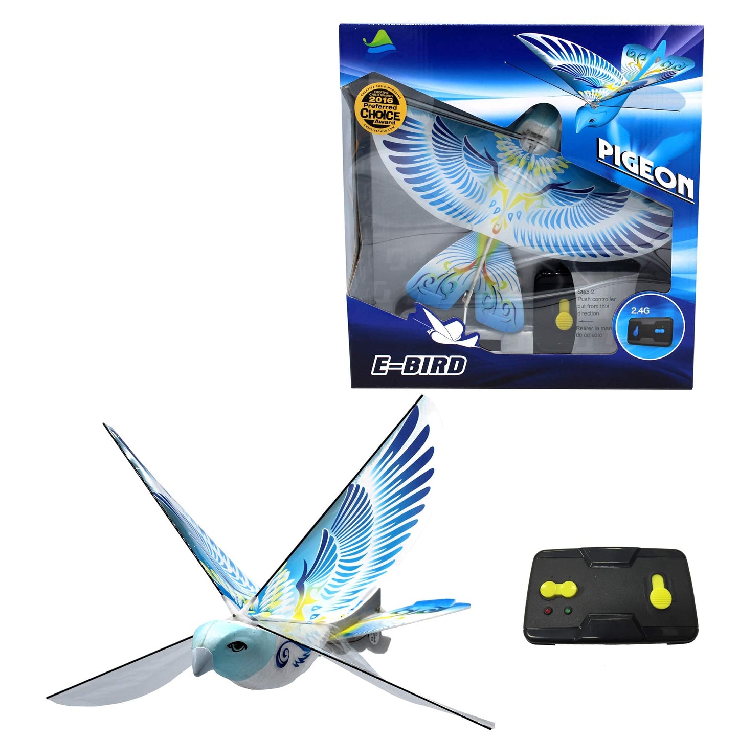 MUKIKIM eBird Blue Pigeon - Flying RC Bird Toy for Kids. Indoor/Outdoor Remote Control Bionic Flapping Wings Bird Helicopter. USB Recharging