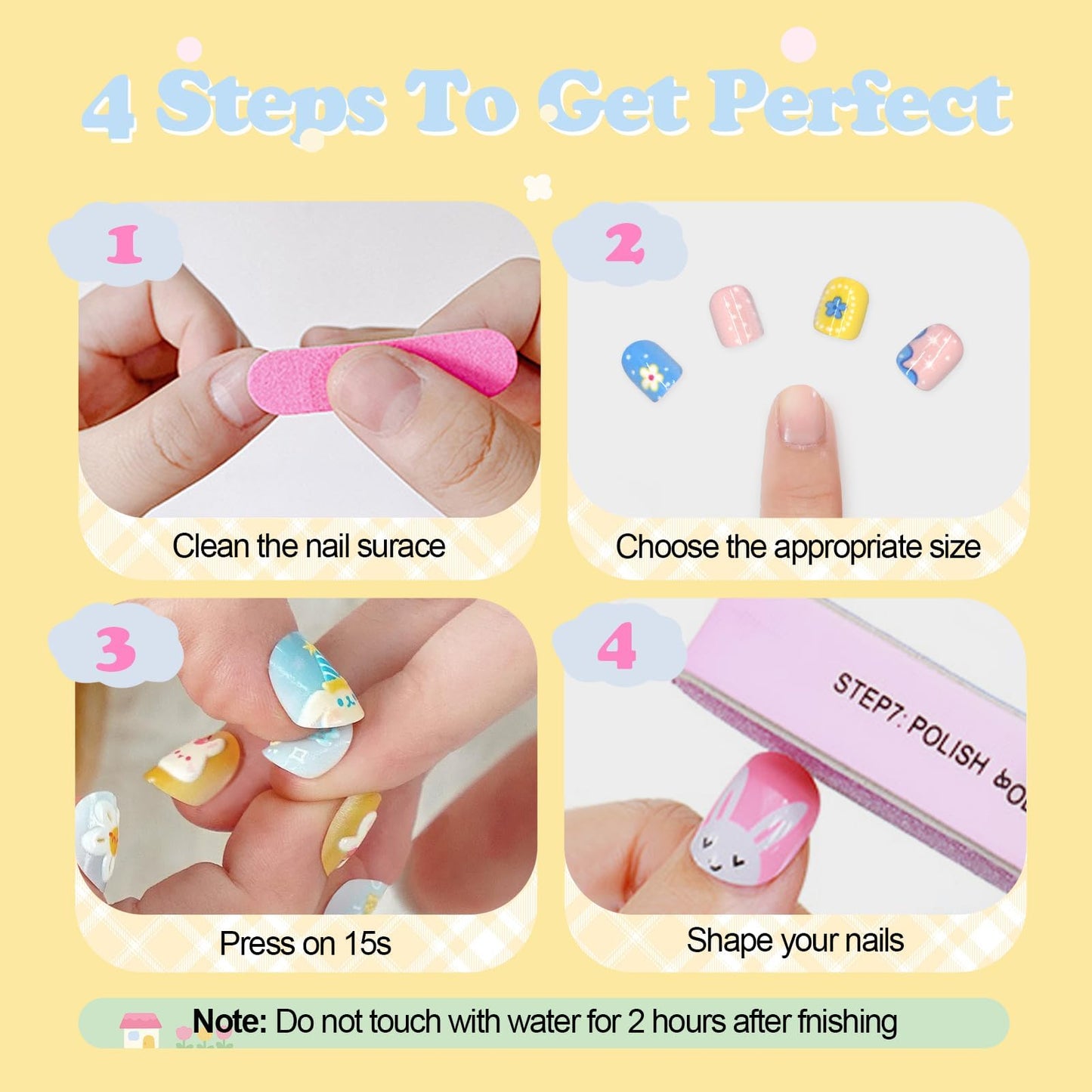 Press on Nails for Kids 3-6,With Cute DIY Stickers,4 Pack 48Pcs Little Girls Sparkling Princess Nails,Cute Pattern Flower Series