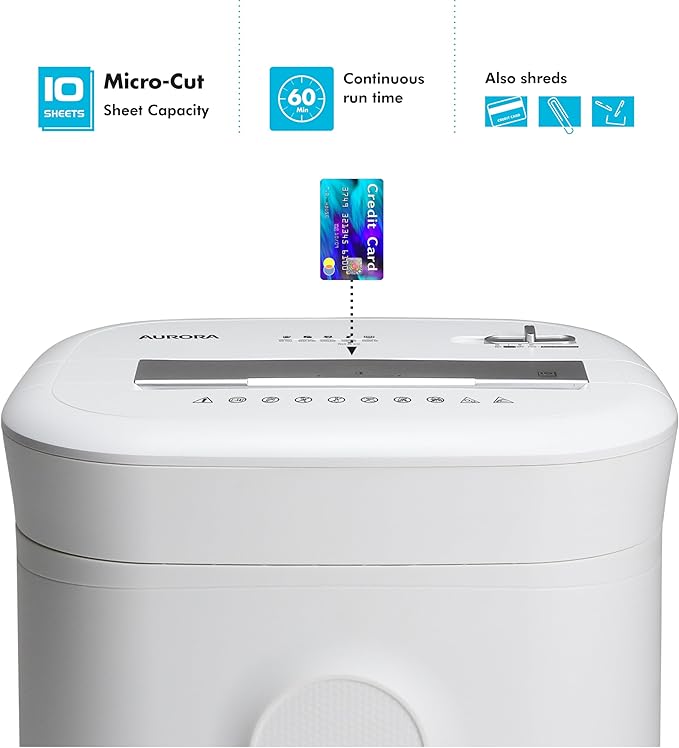 Aurora High-Security 10-Sheet Micro-Cut Paper and Credit Card Shredder with 6 Gallon Pullout Basket / 60 Mins Running Time/Security Level P-5