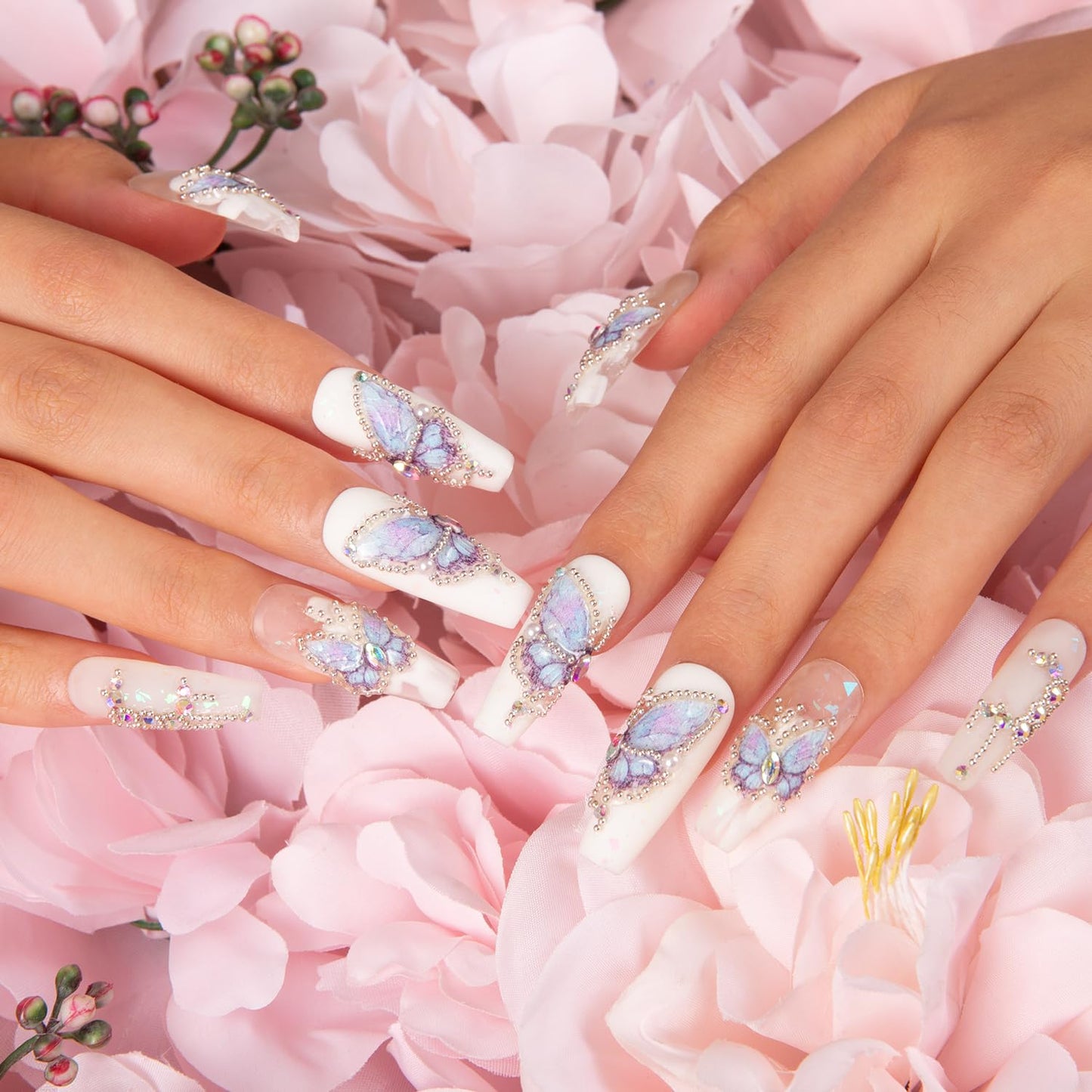 LOVFUL Press on Nails Holly Blue | Handmade with Full Covered Crystals | Reusable Fake Nails | Coffin Classic Regular 1.3 in | H23-S