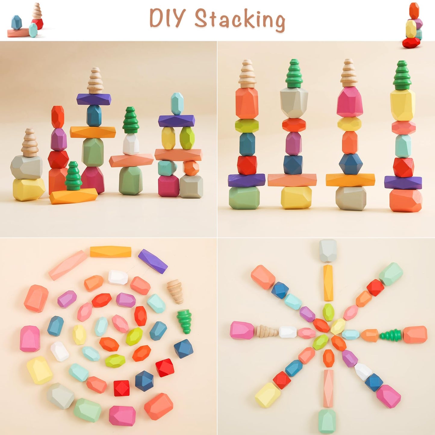 OESSUF Stacking Rocks 48Pcs Stacking Blocks Balancing Stacking Stones Wooden Building Toys Wood Stone Stacking Game for Toddler Sorting Preschool Educational Montessori Stacking Rocks for Kids