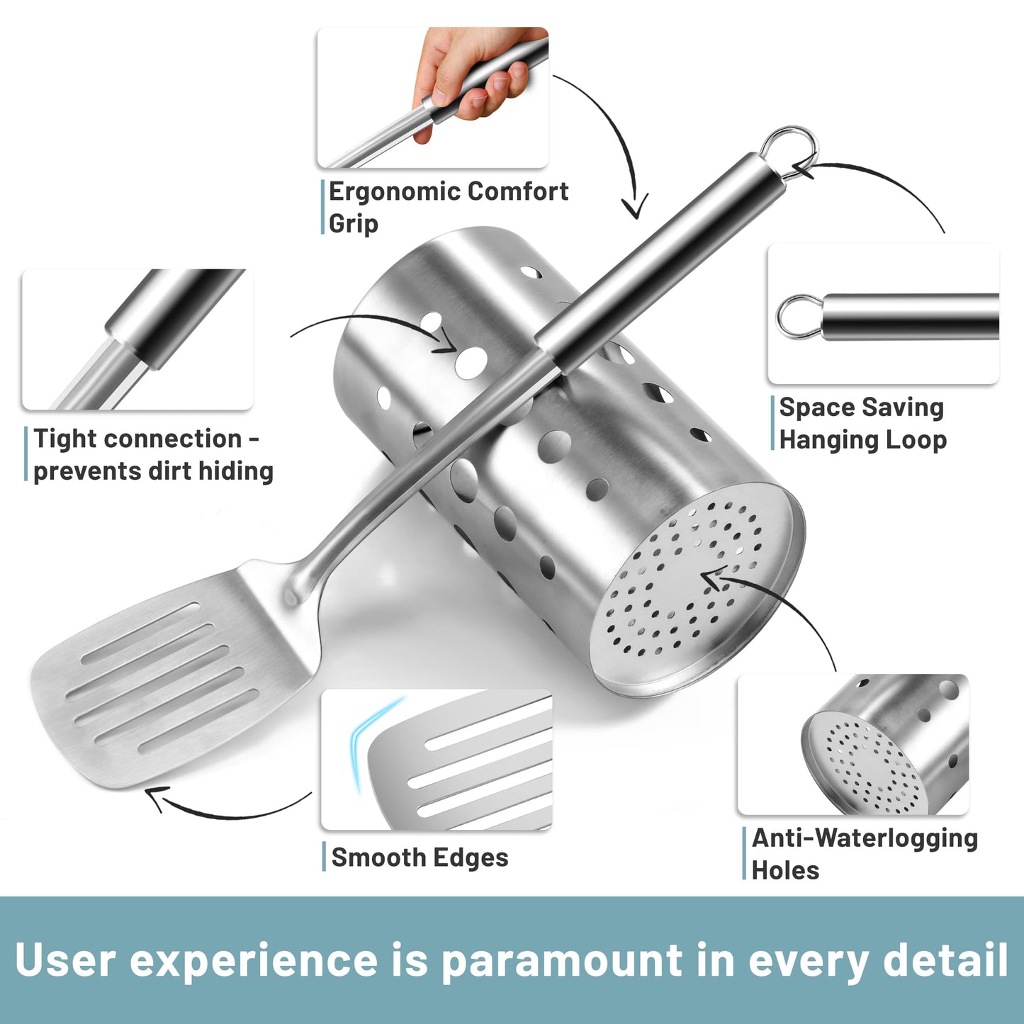 Pleafind Stainless Steel Cooking Utensils Set, 9 Pcs Heat Resistant Kitchen Utensils Set, Nonstick Kitchen Tools Set With Utensil Holder, Metal Spatula Set for Chef, Dishwasher Safe