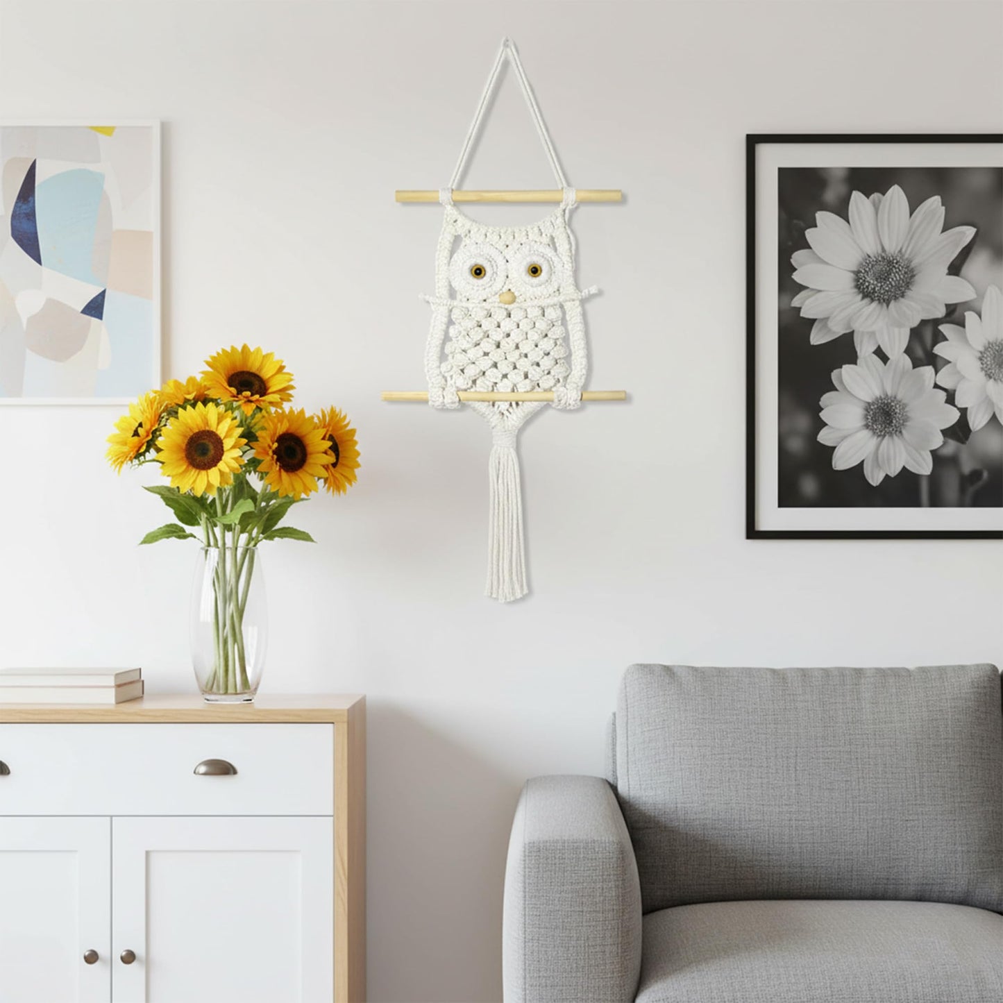 Cilkus Owl Macrame Wall Hanging – Handmade Boho Macrame Wall Decor, Macrame Wall Art Tapestry, Boho Wall Hanging Owl Decor for Bedroom, Living Room, Nursery – Beige (Beige-Large)