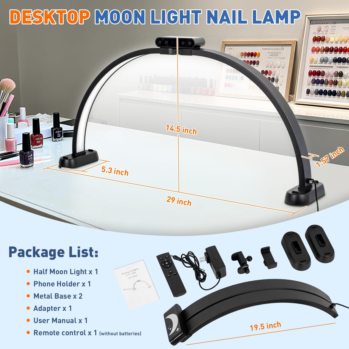 KIRKAS 29inch Large Half Moon Light for Nail Tech, 456 LEDs 3 Color Modes Infinitely Knob Arch Nail Light with Screen and Phone Holder Charging Function, Foldable Lighted Lamp for Manicure,Craft-Black