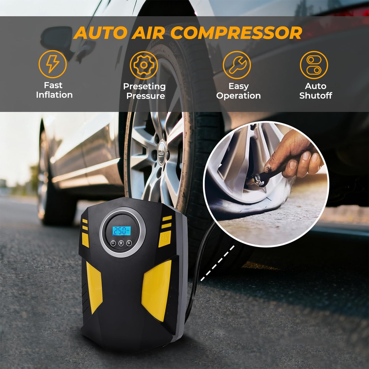 All-in-One Car Emergency Kit with Digital Tire Inflator, Jumper Cable, Tow Strap, Reflective Triangle, First Aid Kit, Hand Crank Flashlight, and Repair Tools for Roadside Safety (Blue)