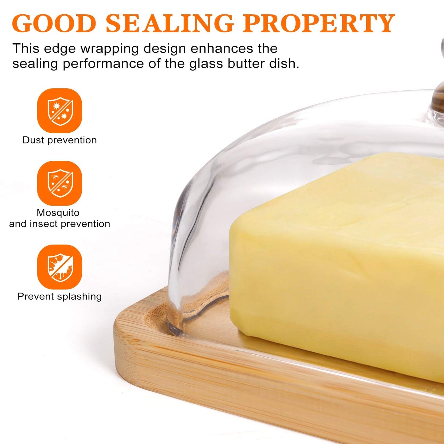 RingsTown‌ wide butter dish with glass lid with Easy-Grip Handle Lid & Natural Bamboo Base - Airtight Seal for Butter Storage Box for Kitchen Countertop and Dining Table to Keep Butter Fresh.