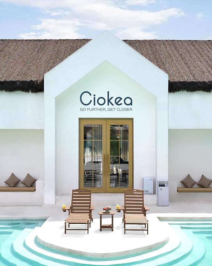 Ciokea Lounge Chair Outdoor, Oversized Chaise Lounge Chair with 5 Positions, HDPE, Patio Lounge Chair with Wheels & Cup Holder for Pool, Deck, Poolside, Teak