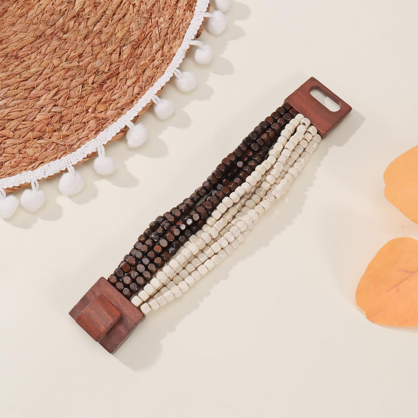 Coiris Boho Bangle Bracelets for Women Wooden Beaded Bracelets Chunky Bohemian Beach Bracelets Jewelry for Women(BR1235-BrownWhite)