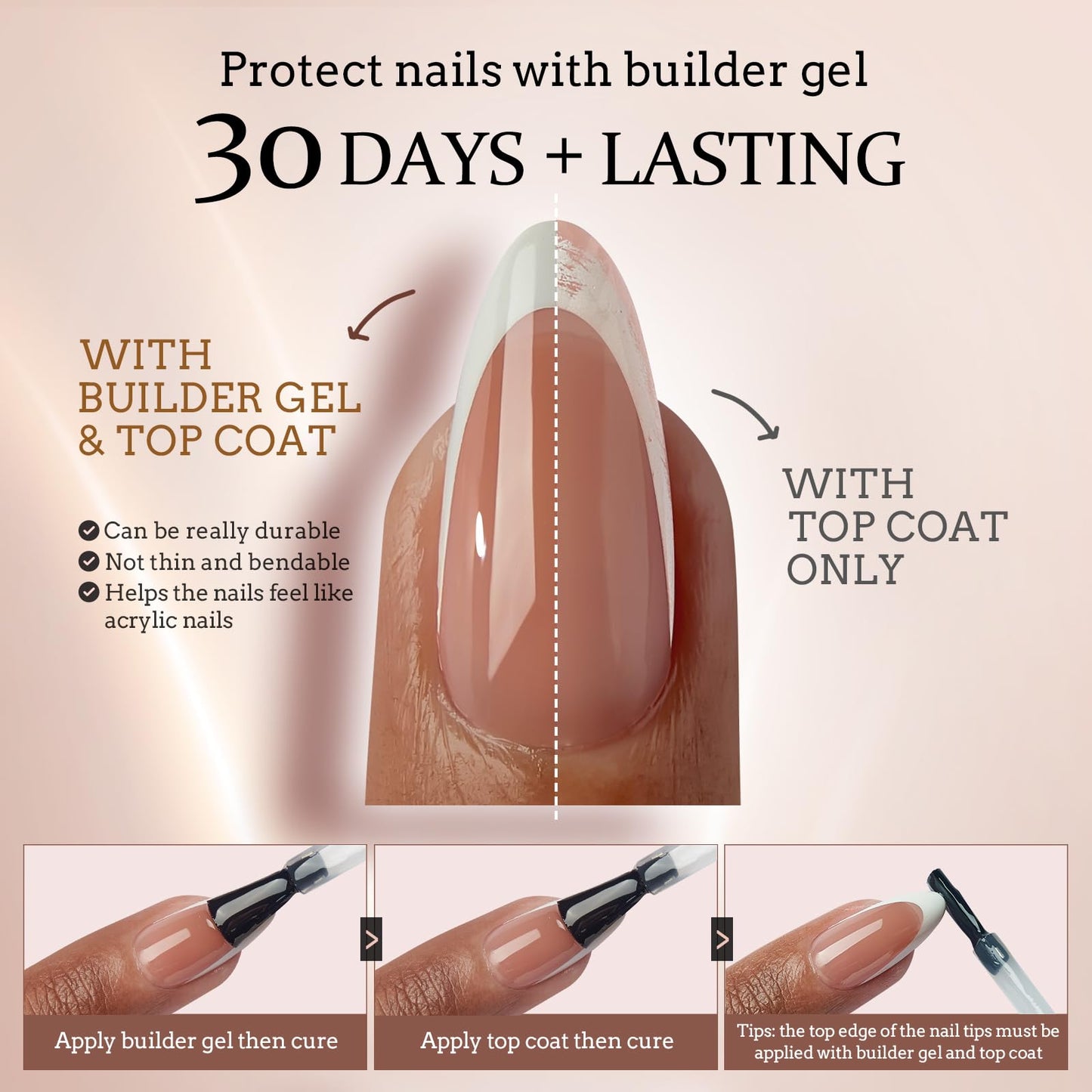 BTArtboxnails XCOATTIPS French Tip Nails, 150pcs Long Square Brown Press on Nails, Gel Nails for DIY Nail Art