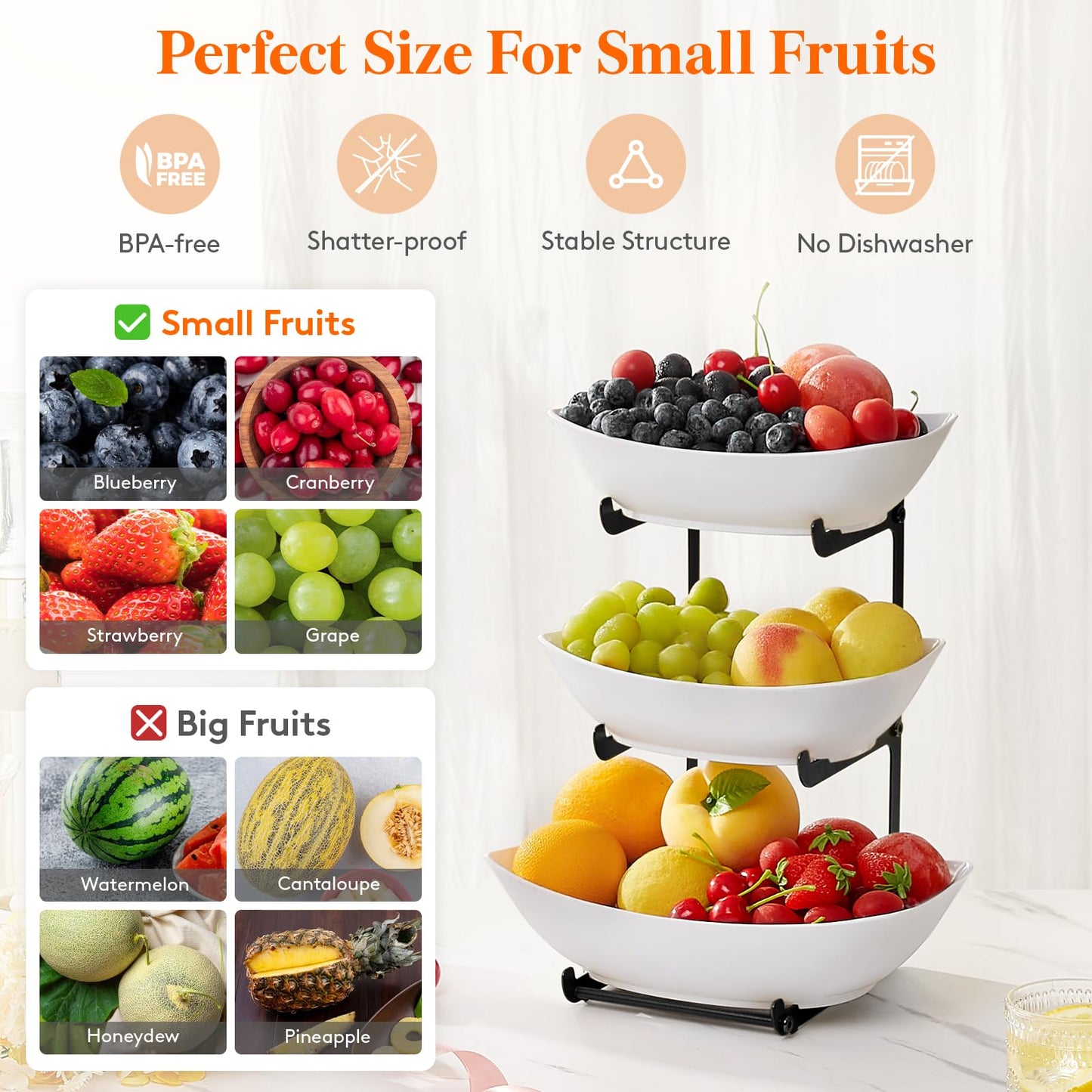Lifewit Plastic Fruit Bowl for Kitchen Counter, 3 Tier Fruit Basket with Black Metal Stand, Tiered Fruit Holder for Countertop Serving Tray for Vegetable/Dessert in Party 28 x 21 x 35cm/11 x 8.4 x 14