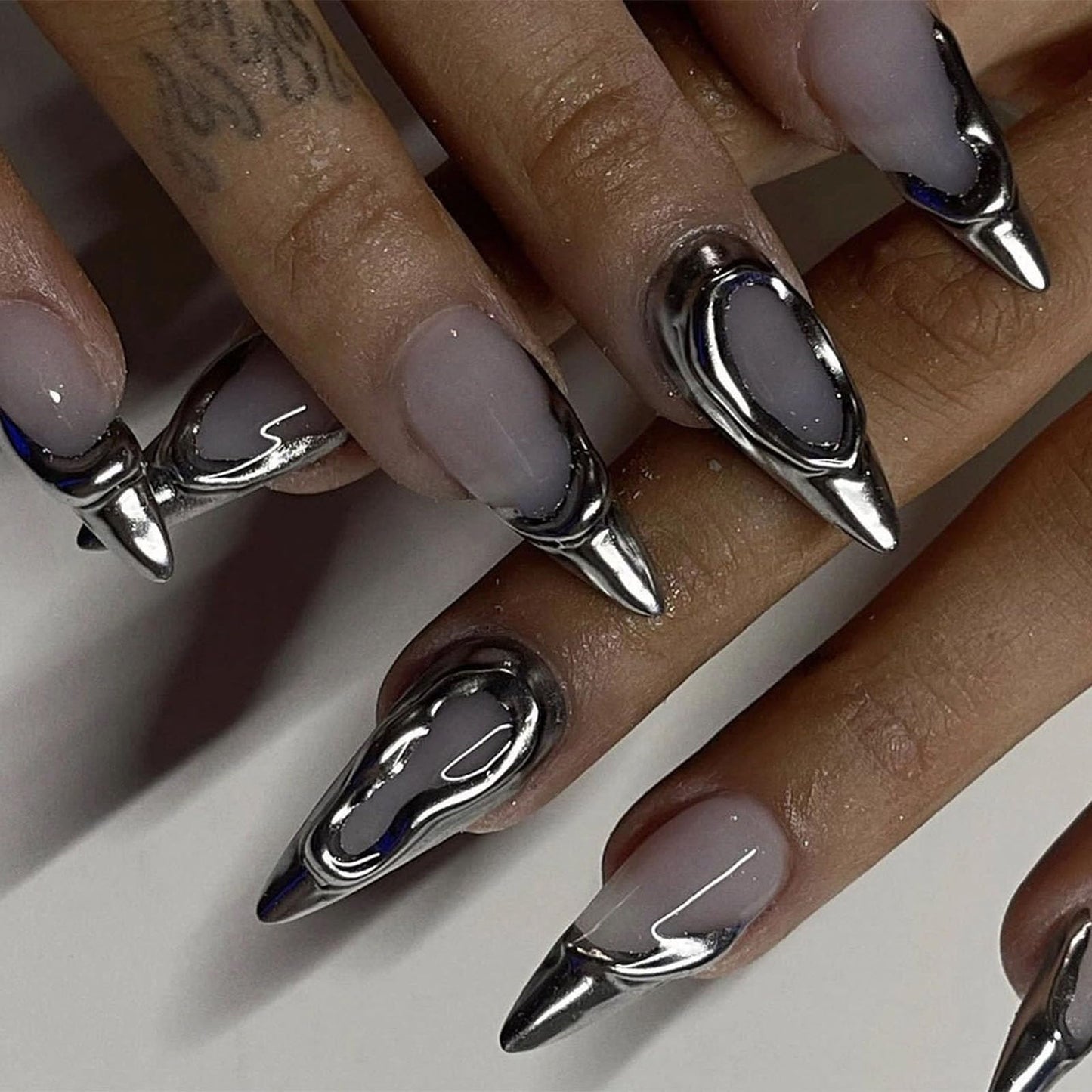 IMRAIN Silver Press on Nails Medium Almond Fake Nails 3D French Tips False Nails Full Cover Glossy Glue on Nails for Women Girl 24Pcs
