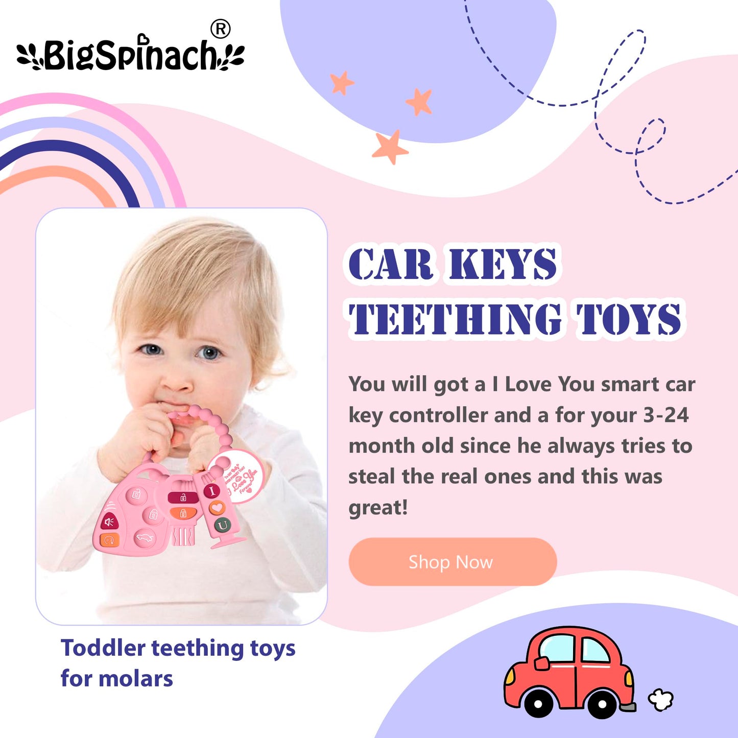 BIGSPINACH Baby Goth Teething Keys Toy 6-12M Pink Car Key Teether Combo Set