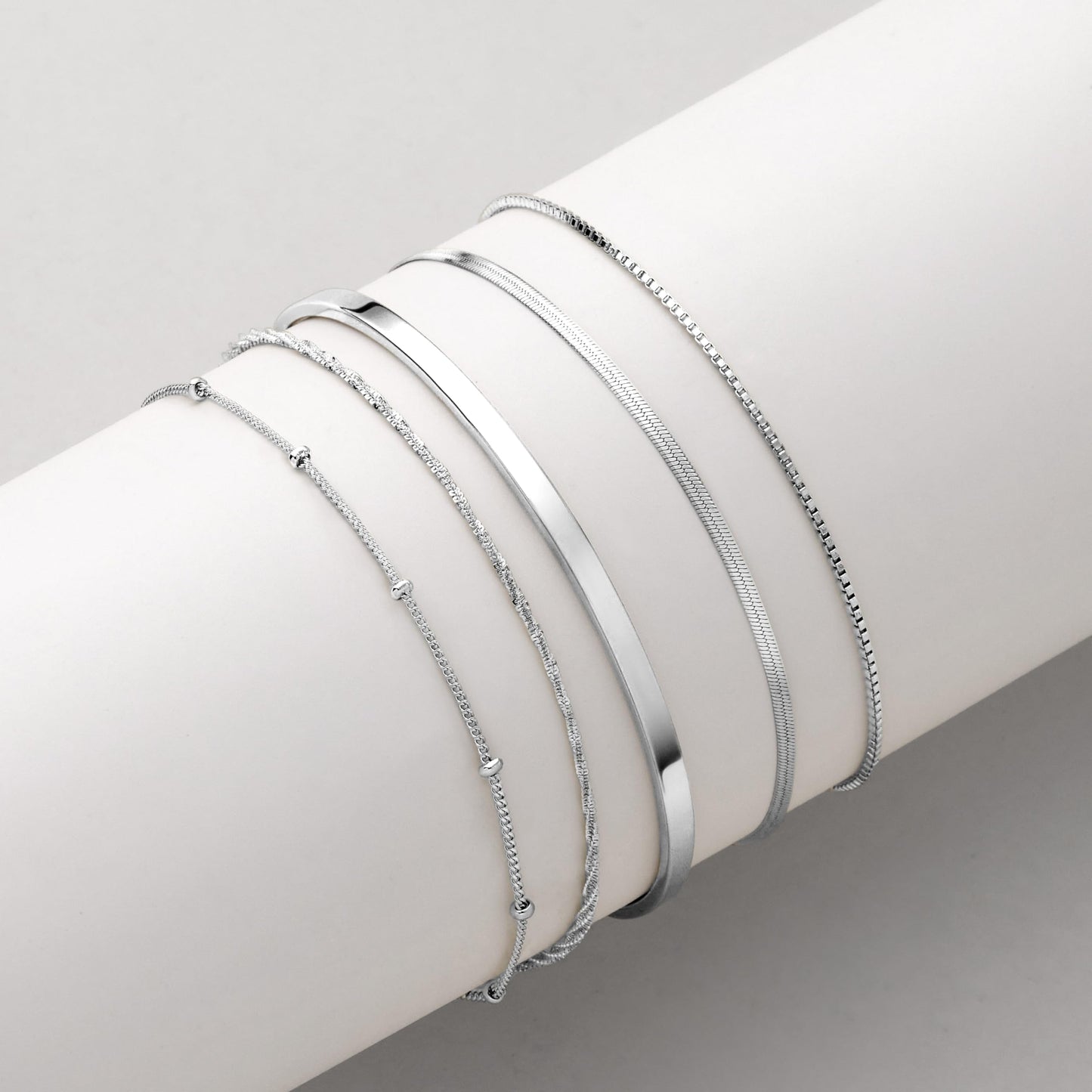 Dainty Silver Bracelets for Women, Silver Plated Stackable Thin Bracelet Set Box Link, Paperclip, Herringbone, Sparkling Chain, Bangle Cuff, Adjustable Minimalist Waterproof Jewelry Gifts for Women