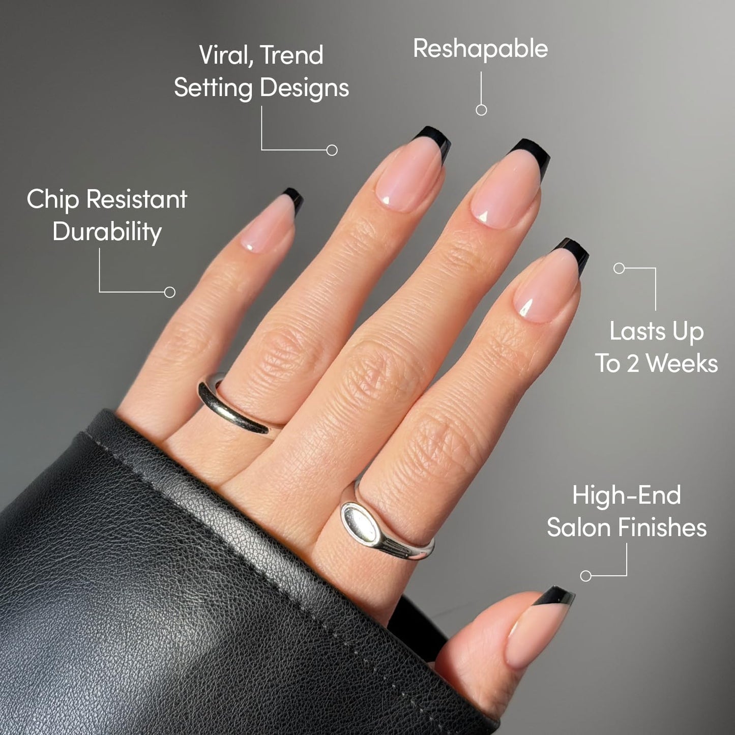 Glamnetic Press On Nails - Medium Coffin Fake Nails, Black French Tip Nails, Balsamic Glaze | 15 Sizes - 30 Nail Kit with Glue