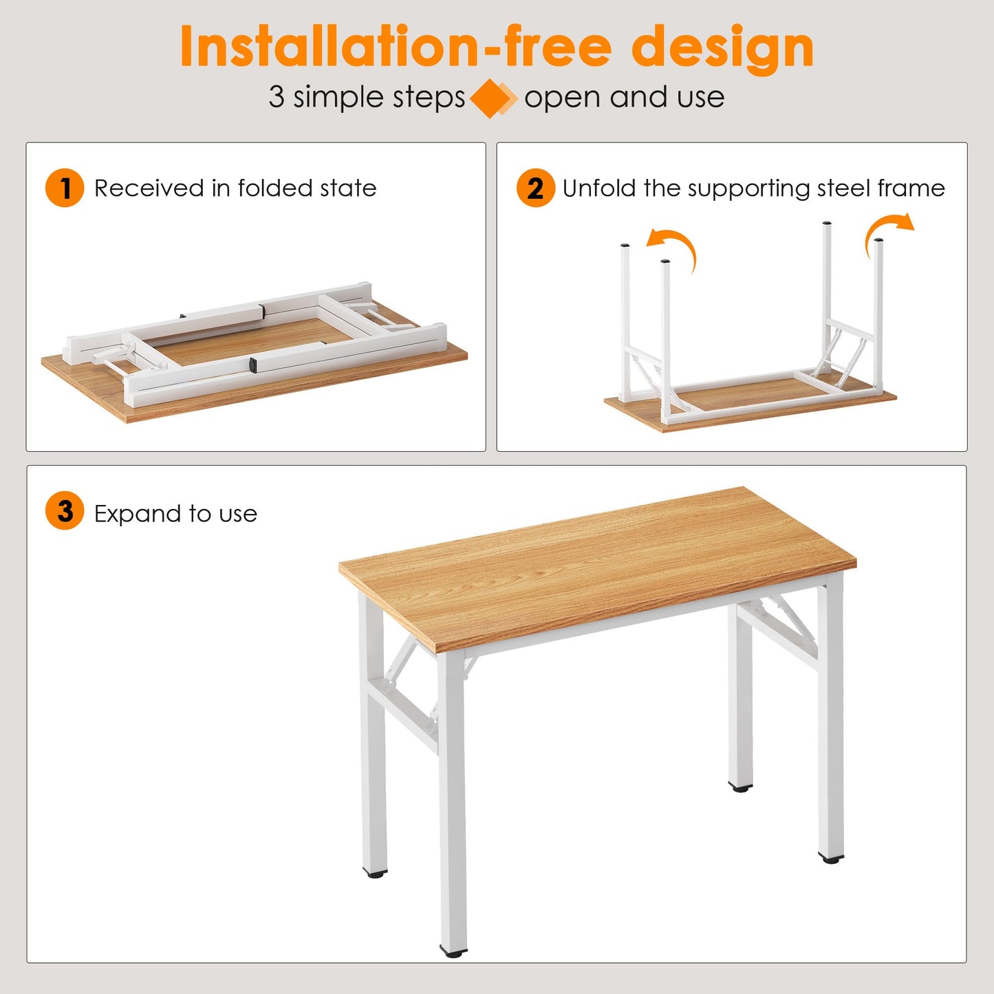 Need Folding Computer Desk - 39.4 Inch Foldable Office Writing Work Study Kids Student Teacher Home Bedroom Table for Small Space, Teak & White