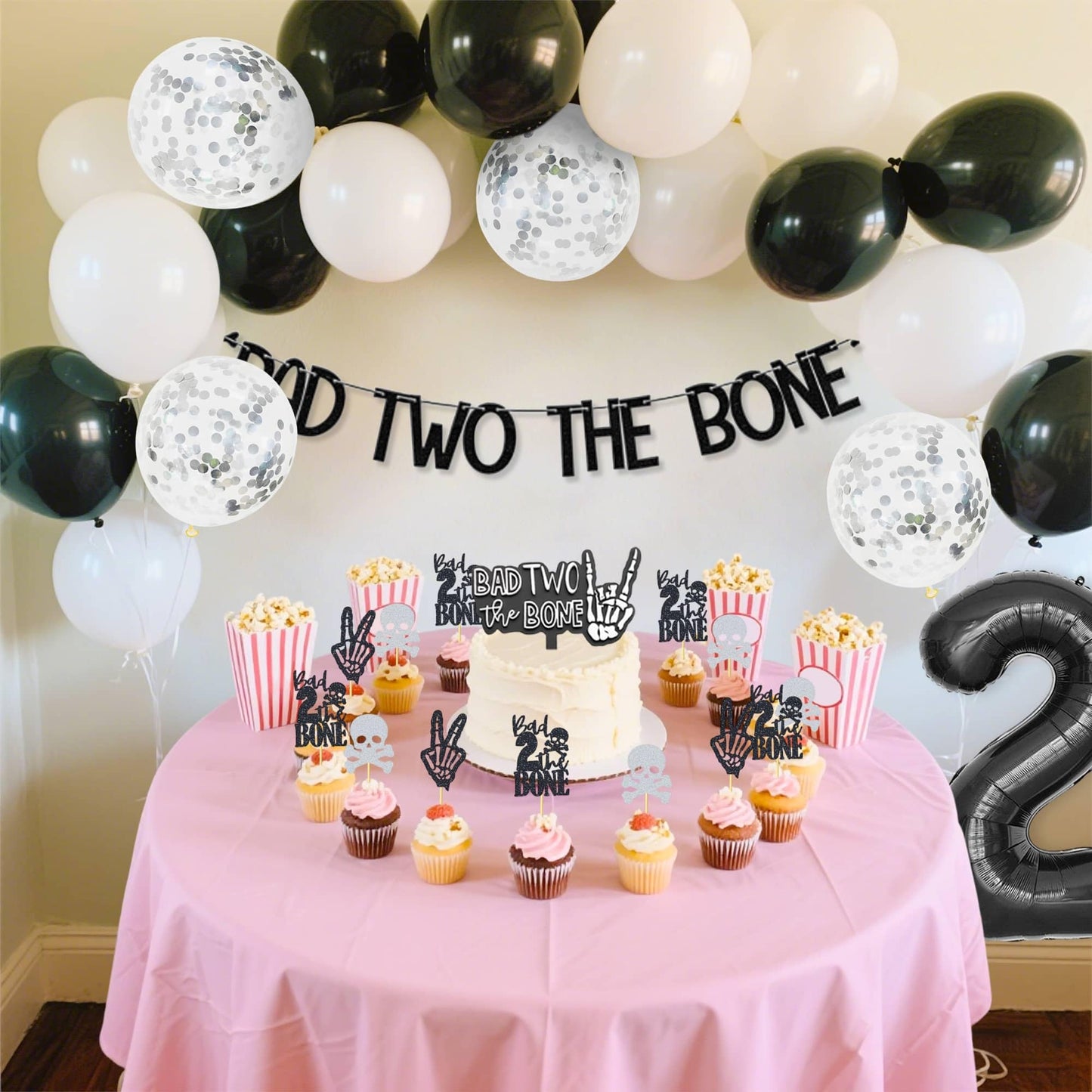 Bad Two The Bone Birthday Decorations,Include Banner Cake Toppers Cupcake Toppers,Party Music Themed Decorations with Balloons for Skeleton Rock and Roll Birthday(Black and White Balloons)