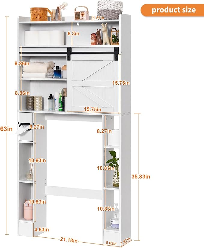 Over The Toilet Storage Cabinet, 32.5'' Wide Bathroom Storage Cabinet with Sliding Barn Door, Freestanding Over Toilet Storage Shelf, White
