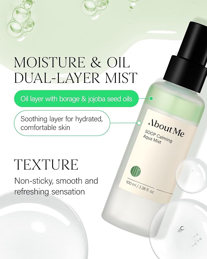 About Me SOOP Calming Aqua Mist – Korean 80.4% Jeju Cypress Water 2-Layer Face Spray for All Skin Types – Daily pH Balancing Mist with Centella & Tea Tree – Korean Skin Care – 4.23oz, 125ml