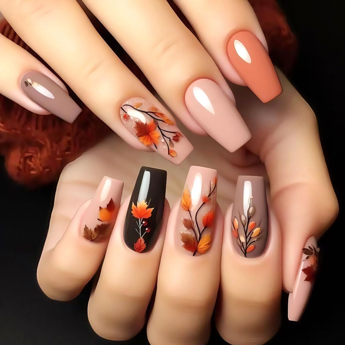 Fall Press on Nails Medium Coffin Fake Nails with Maple Leaves Designs Glossy Nails Press ons Brown Black Glue on Nails Autumn Acrylic Artificial Stick on Nails for Women 24Pcs