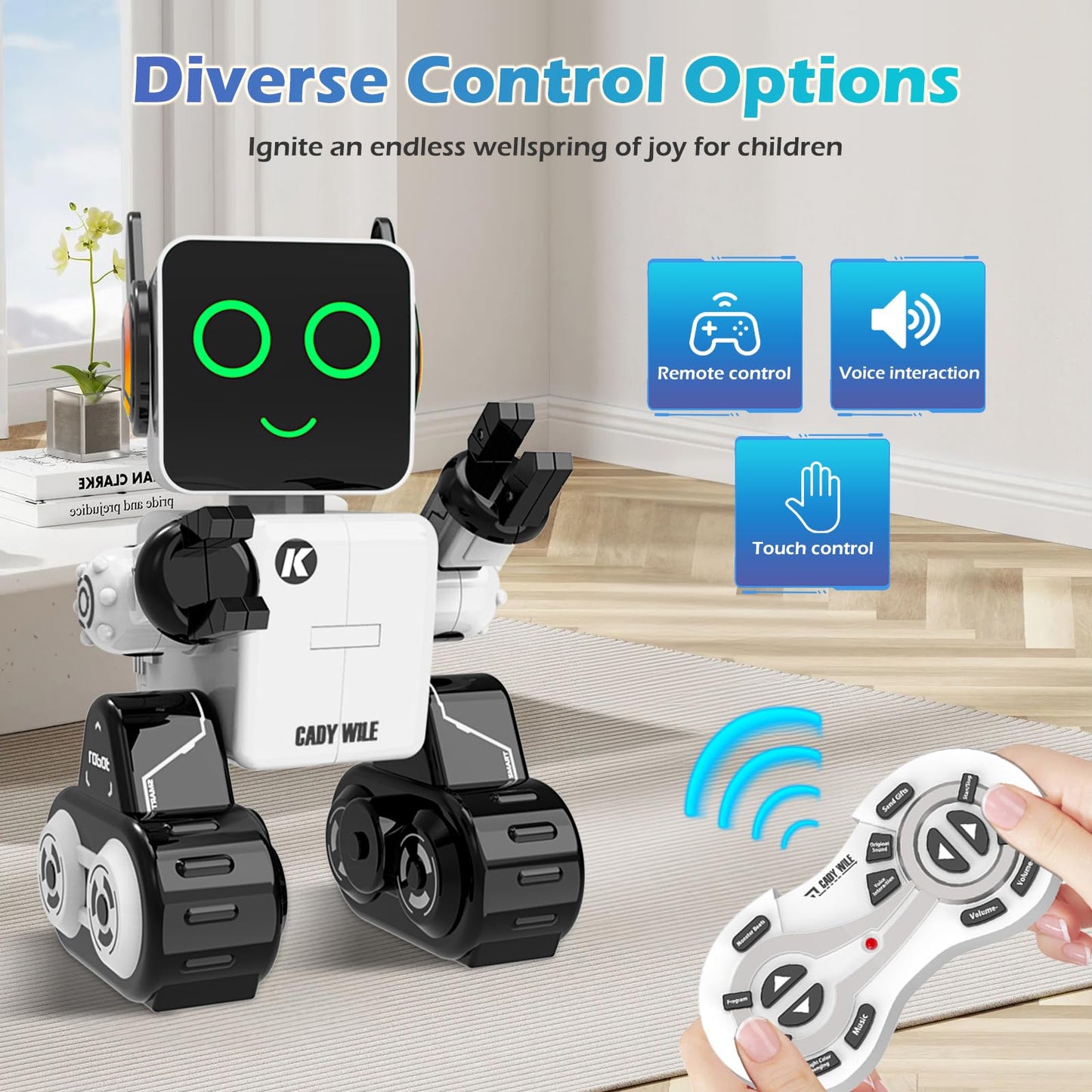 HBUDS Rechargeable RC Robot Toy for Kids - Interactive Intelligent LED Light, Speaks, Dances, Built-in Coin Bank (White)