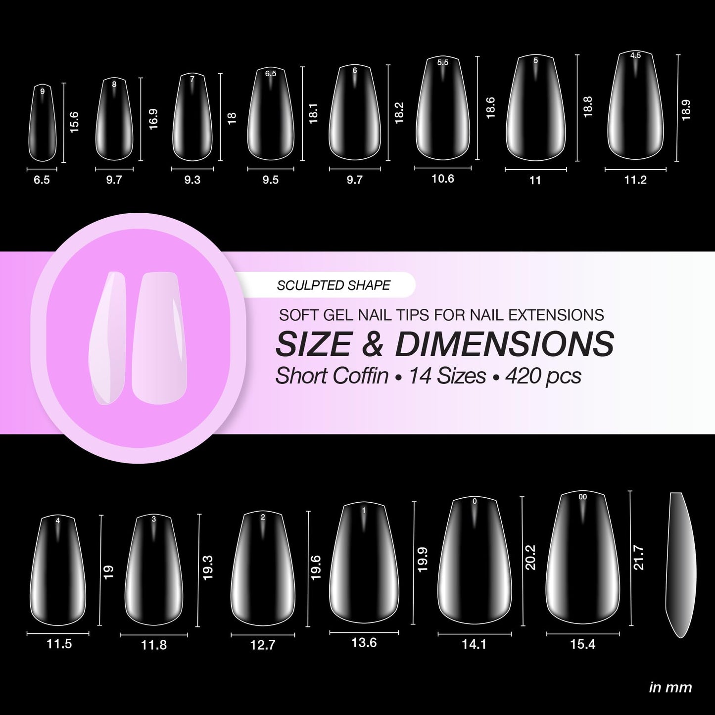 Curacoro Sculpted Short Coffin Gel Nail Tips 420Pcs, Clear Full Cover Soft Acrylic Tips 14 Sizes, Easy to Use, Long-Lasting, Glossy Finish
