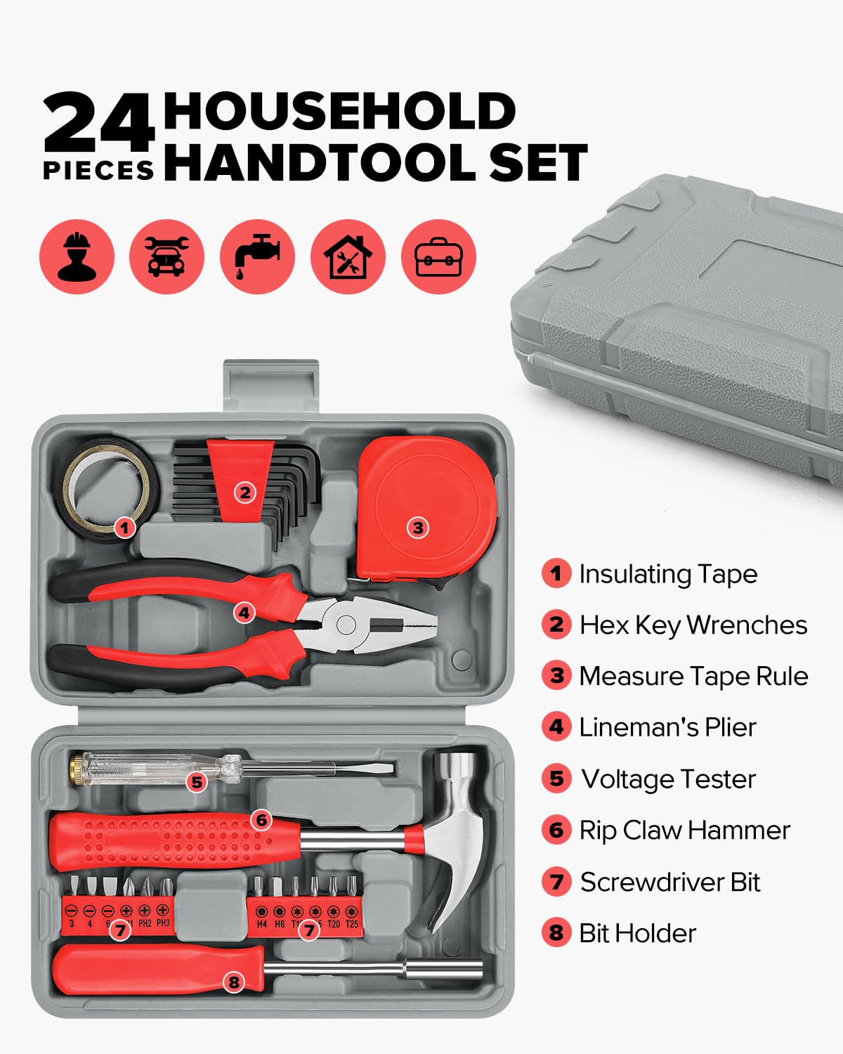 24pcs Home DIY Tool Kit for Household, Office & Garage - General Repair Small Hand Tool Set with Storage Case