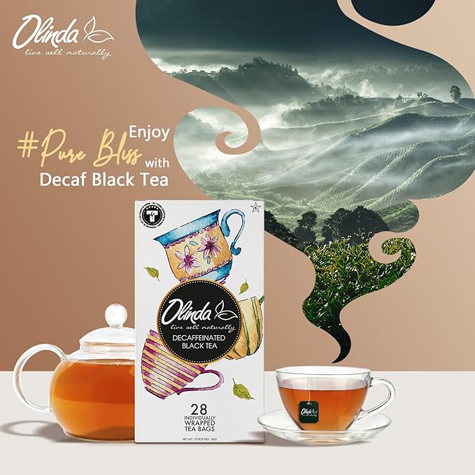 Olinda Organic Decaffeinated Black Tea 28 Individually Wrapped Tea Bags Gluten-Free Vegan Breakfast Black Tea Smooth & Antioxidant Rich Decaf