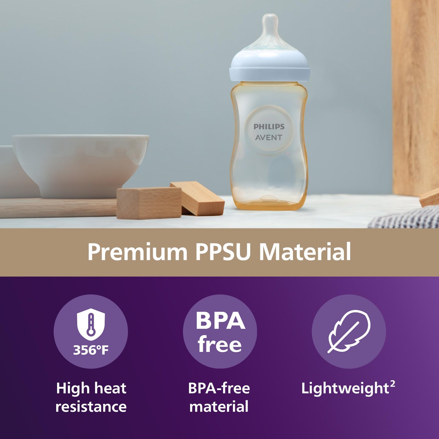 Philips Avent PPSU Natural Baby Bottles - with Medium Flow Nipples (Flow 3), 9oz, 2-Pack, SCY943/12