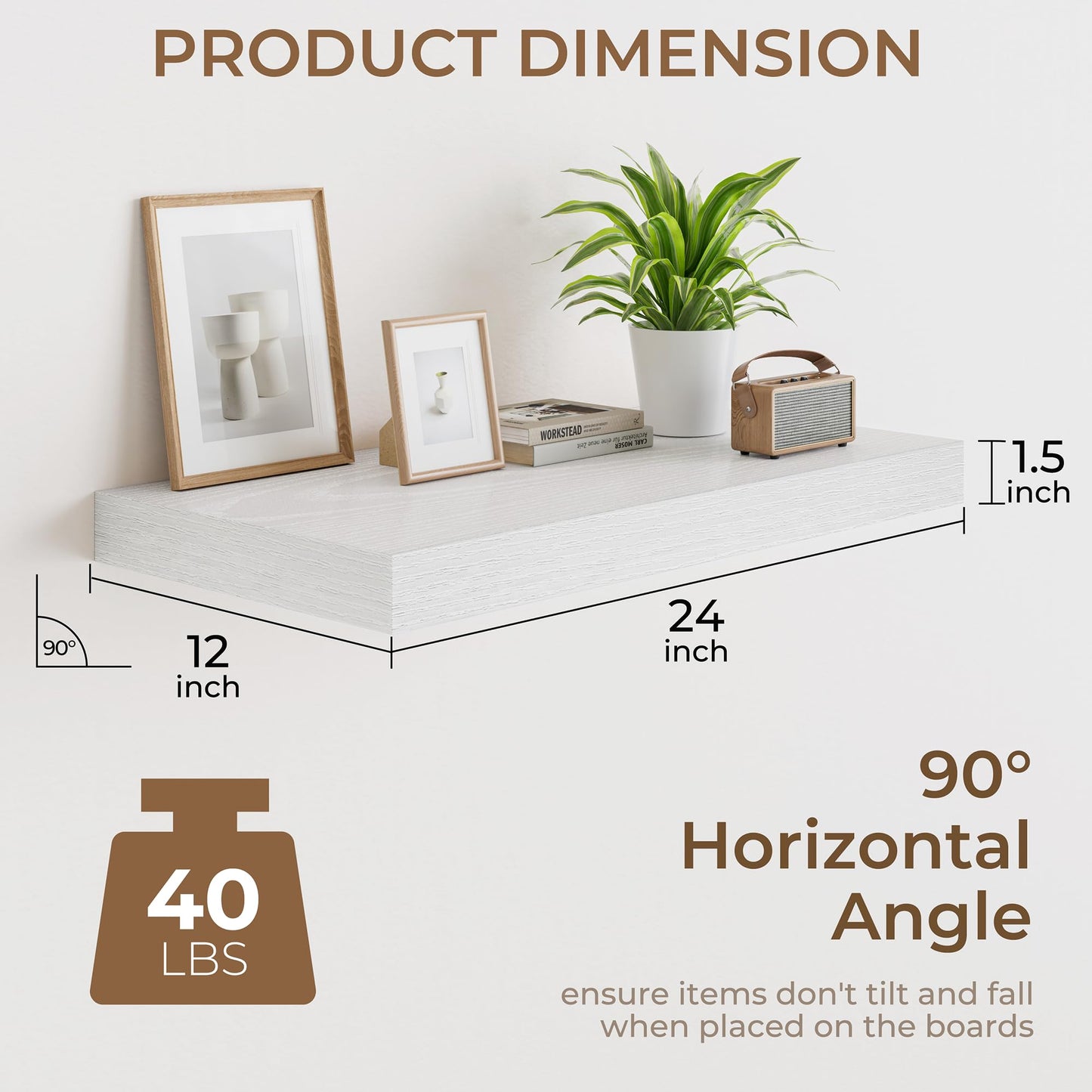 RICHFOCUS Deep Floating Shelves for Wall 2 Pack 12" D 24 Inch Wall Shelves for Room Wall|Wood Hanging Shelf with Invisible Brackets for Bathroom Bedroom Kitchen Laundry Room, White