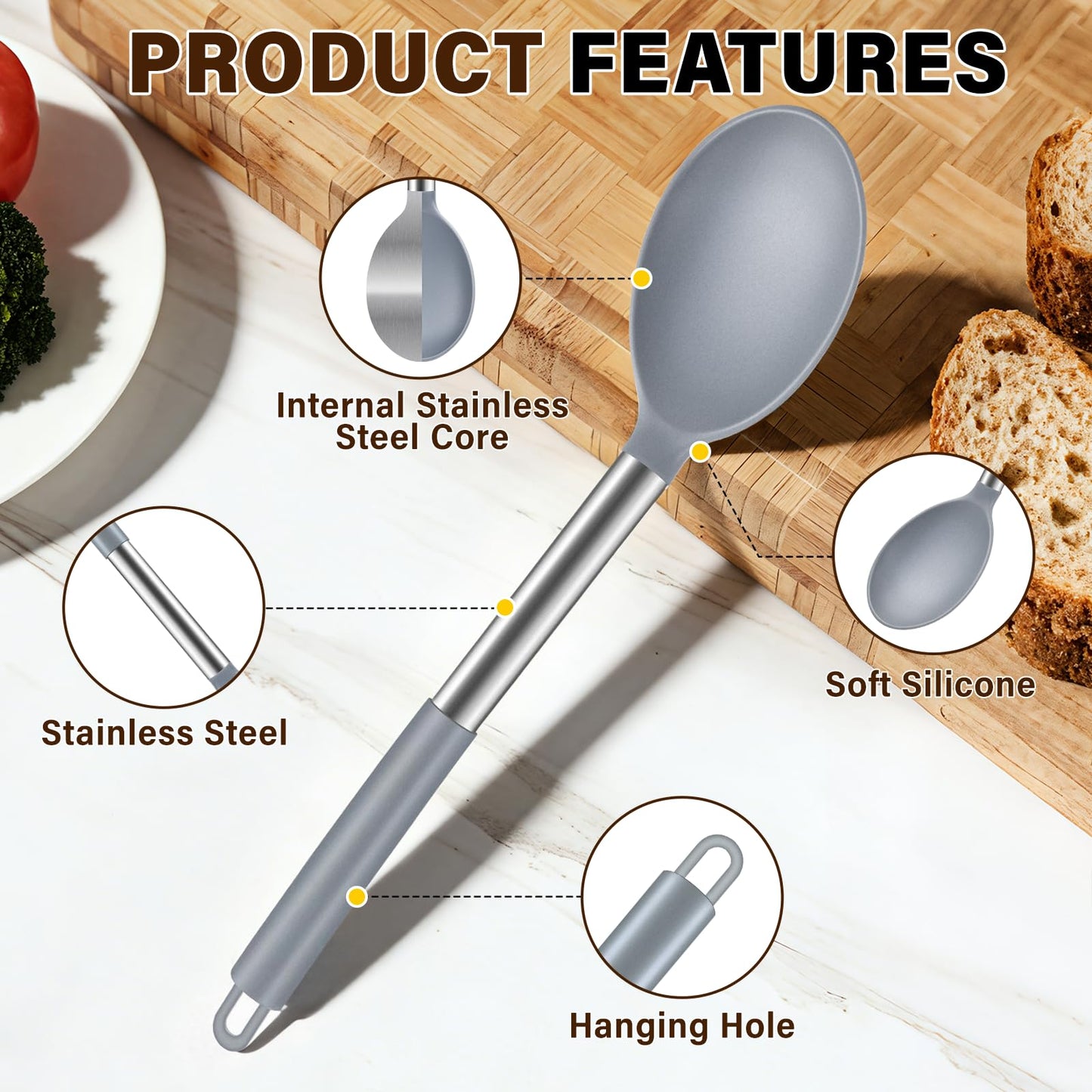 3Pcs Silicone Cooking Spoon Set, Kitchen Utensils Include Solid & Slotted Spoon, Soup Ladle, Food-Grade Heat Resistant 446°F, Non-Scratch Spoons for Serving, Stirring, Draining, Dishwasher Safe, Gray