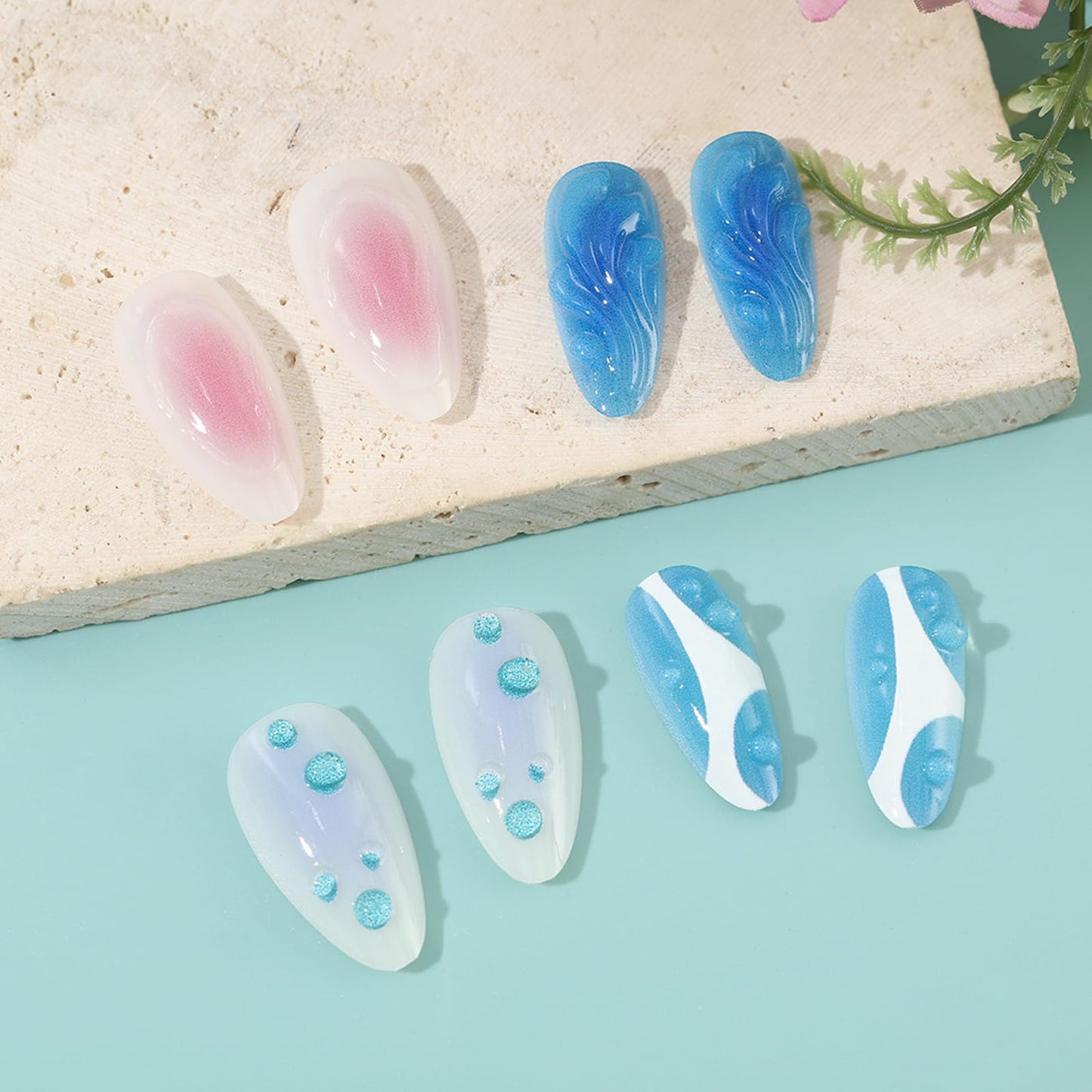 IMSOHOT Almond Press on Nails Medium Fake Nails Blue White Ombre False Nails with 3D Designs Glossy Glue on Nails Full Cover Cute Gel Handmade Summer Nail Supplies 24Pcs