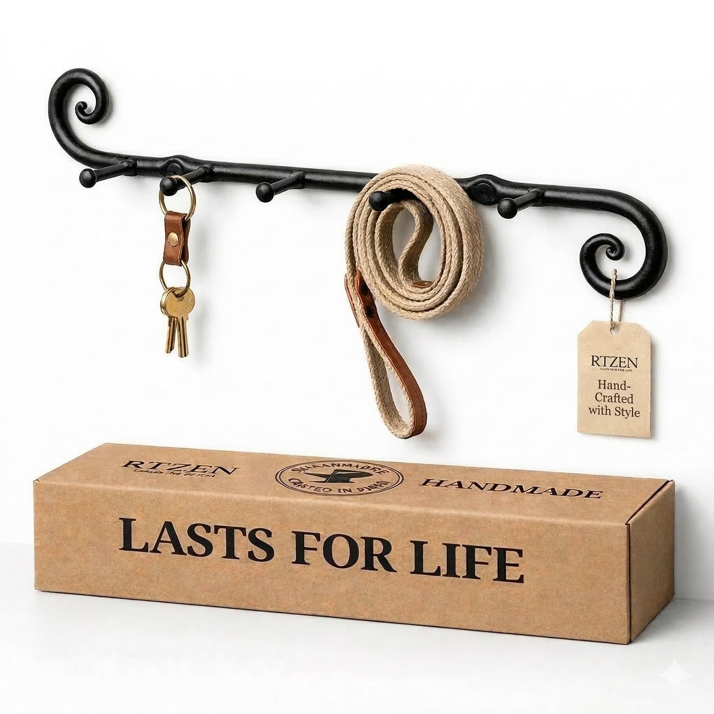 RTZEN Farmhouse Small Key Holder for Wall - Handcrafted Swirl Decorative 5 Key Hooks for Home Entryway - Wrought Iron Wall Mount Rack Purse Coat and Leash Holder or Organizer (Classic Black)