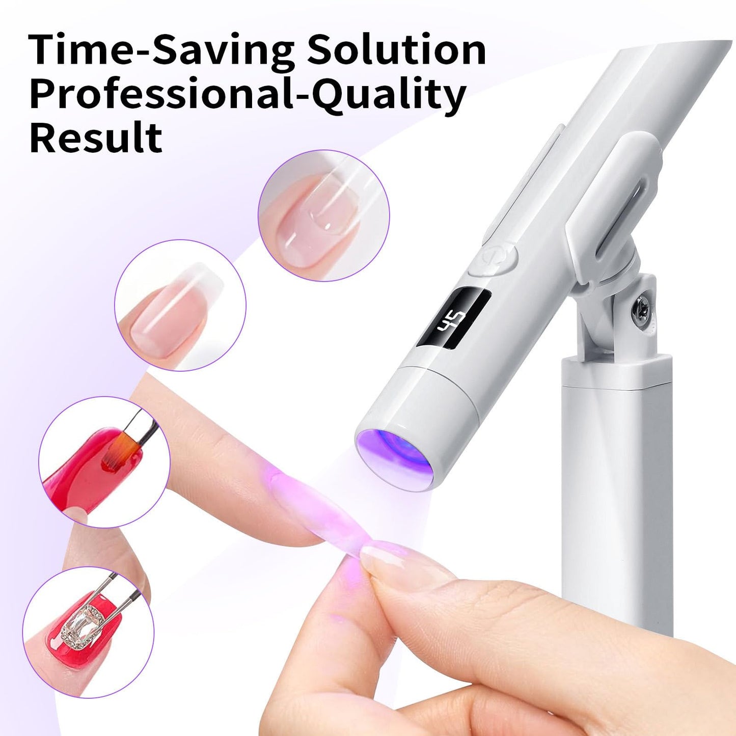 Keeyada Handheld UV Light with Stand and Nail Stamper Heads, 3W Portable LED Nail Lamp, Wireless Rechargeable USB Nail Dryer with Silicone Stamper, LCD Display Screen for Fast Curing Home DIY (White)