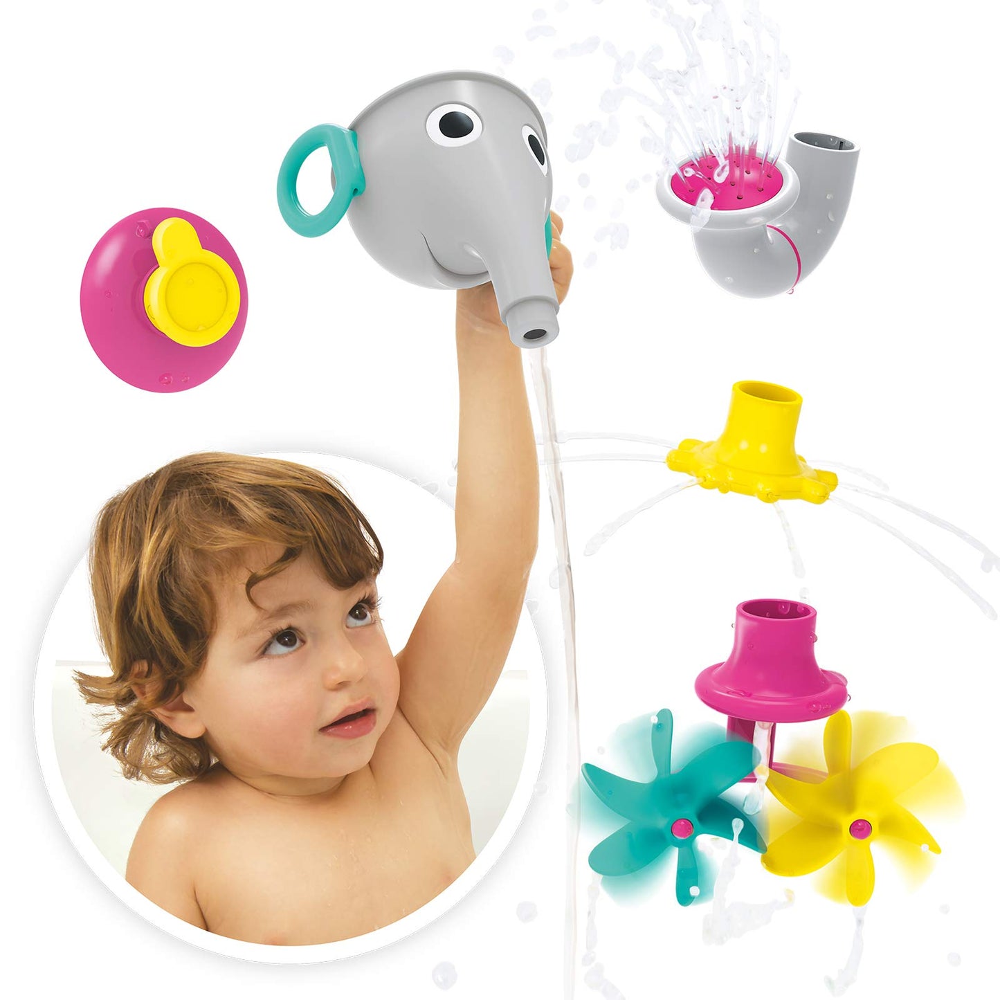 Yookidoo Elephant Trunk Funnel Baby Bath Toy - FunEleFun Fill ‘N’ Sprinkle - Fun and Imaginative Play with 3 Interchangeable Trunk Accessories for Ages 18m+ (Grey)