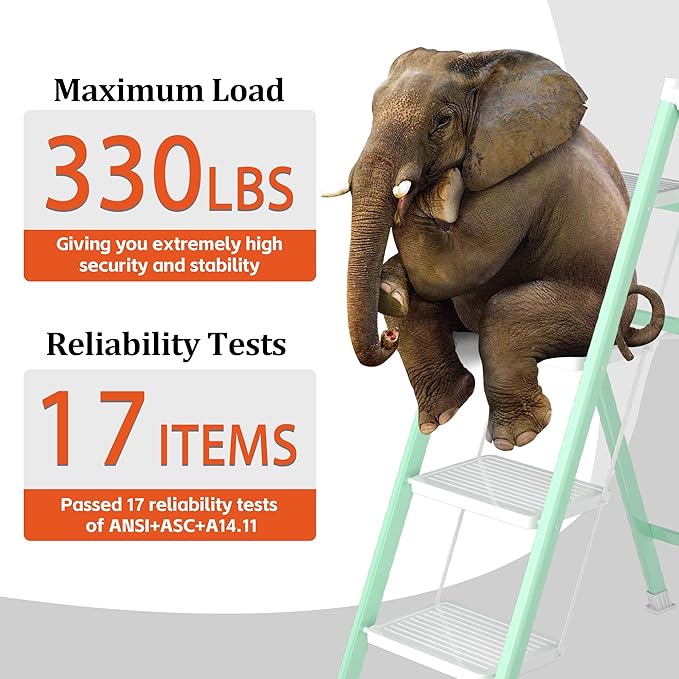 4 Step Ladder, Folding Step Stool with Anti-Slip Wide Pedal, Anti-Slip Feet, Sturdiest Steel Construction, Steel Ladder for Home and Office, Green White