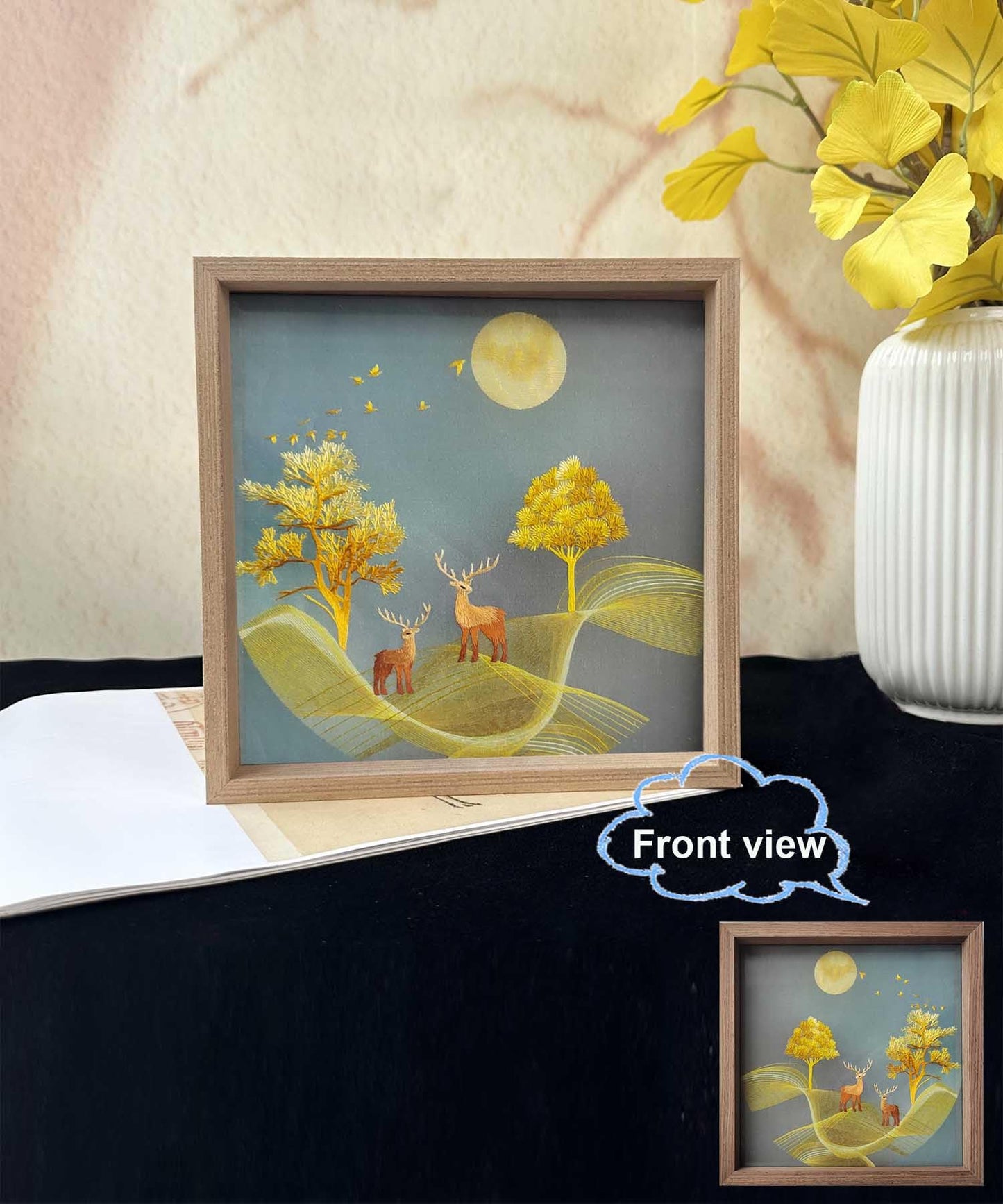 ozlvii Double-Sided Auspicious Deer Embroidery Art - Handcrafted Silk Embroidery with Display Stand, Symbol of Prosperity Home Decor, Oriental Blessing Gift for Good Fortune
