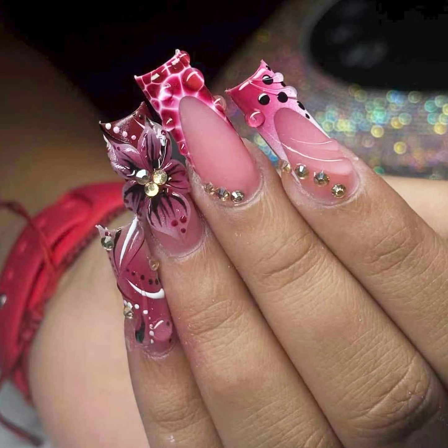 IMRAIN Press on Nails Long Square Fake Nails Pink French Tips False Nails with Crocodile Print Designs Handmade 3D Flower, Rhinestone Glue on Nails