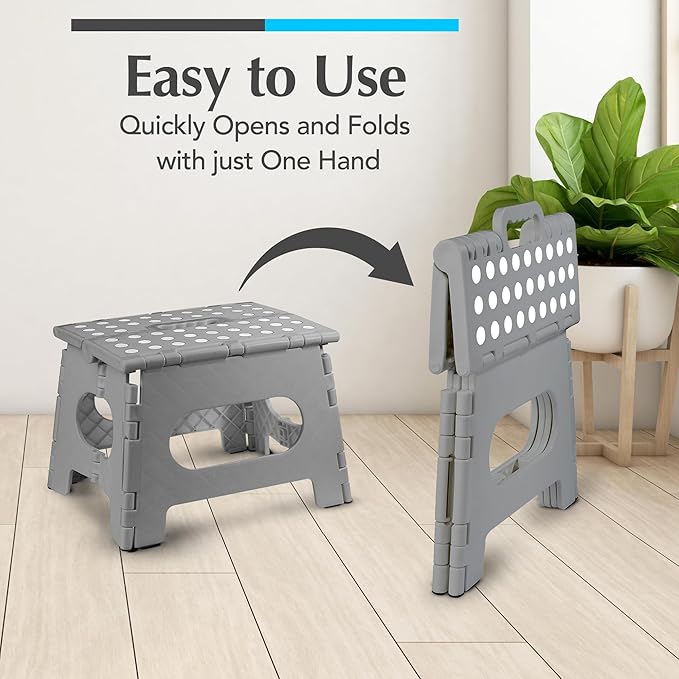 Handy Laundry Folding Lightweight Step Stool - Sturdy Enough to Support Adults and Safe Enough for Kids - Opens Easy with One Flip - Great for Kitchen, Bathroom or Bedroom (Grey - 9 Inch)