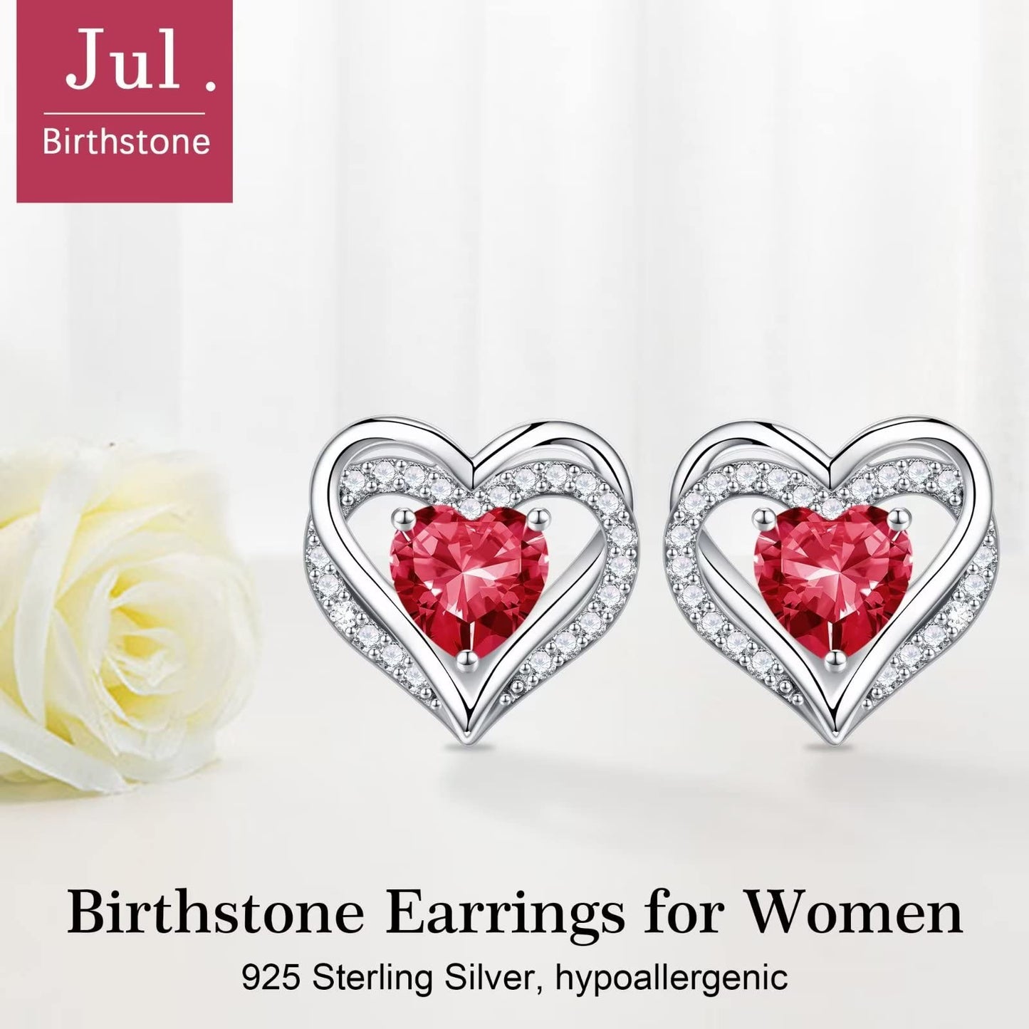 Iefil Heart Earrings for Women, 925 Sterling Silver July Birthstone Red Ruby Heart Stud Earrings for Women
