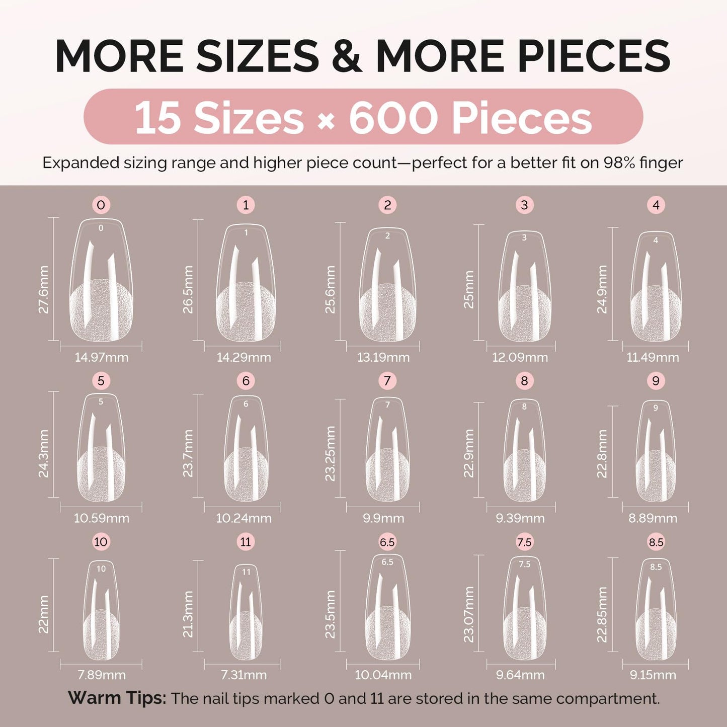 MelodySusie Medium Coffin X Nail Tips - 600Pcs 15 Sizes Clear Acrylic, Half Matte Full Cover Press on Nails for DIY Extension & Salon Use, Pre-Shaped for Long-Lasting Manicure