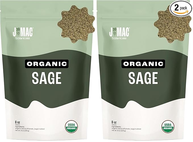 J Mac Botanicals, Organic Rubbed Sage (8 oz), Certified USDA Organic, Dried Rubbed Sage Leaf. Culinary Grade-excellent for sausage making, fresh Albanian harvest (Pack of 2)
