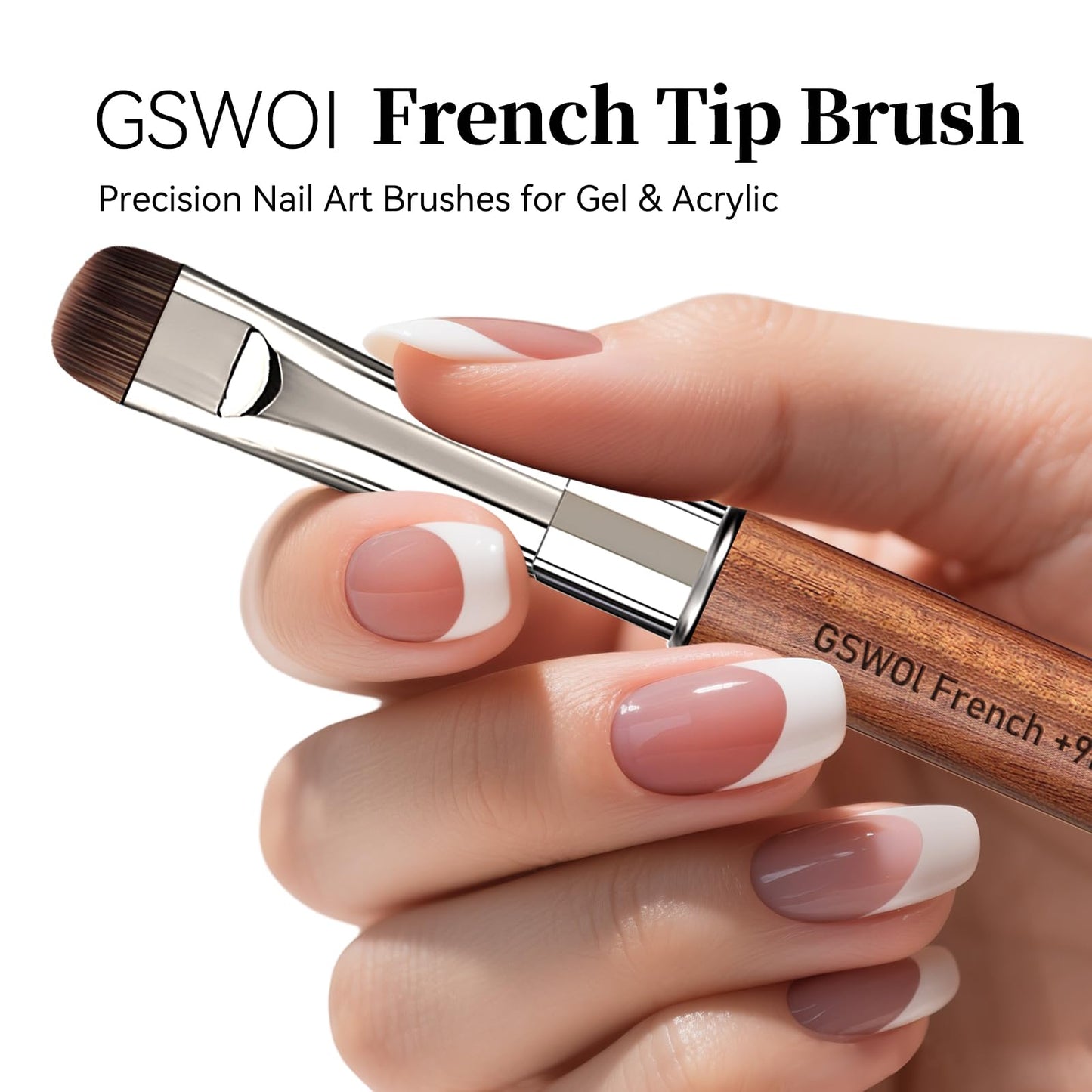 GSWOI Dual Head Acrylic Nail Brush-French Tip & 9mm Liner with Cleaning Brush for Builder Gel,Polygel & Design-Wood Handle & Metal Caps