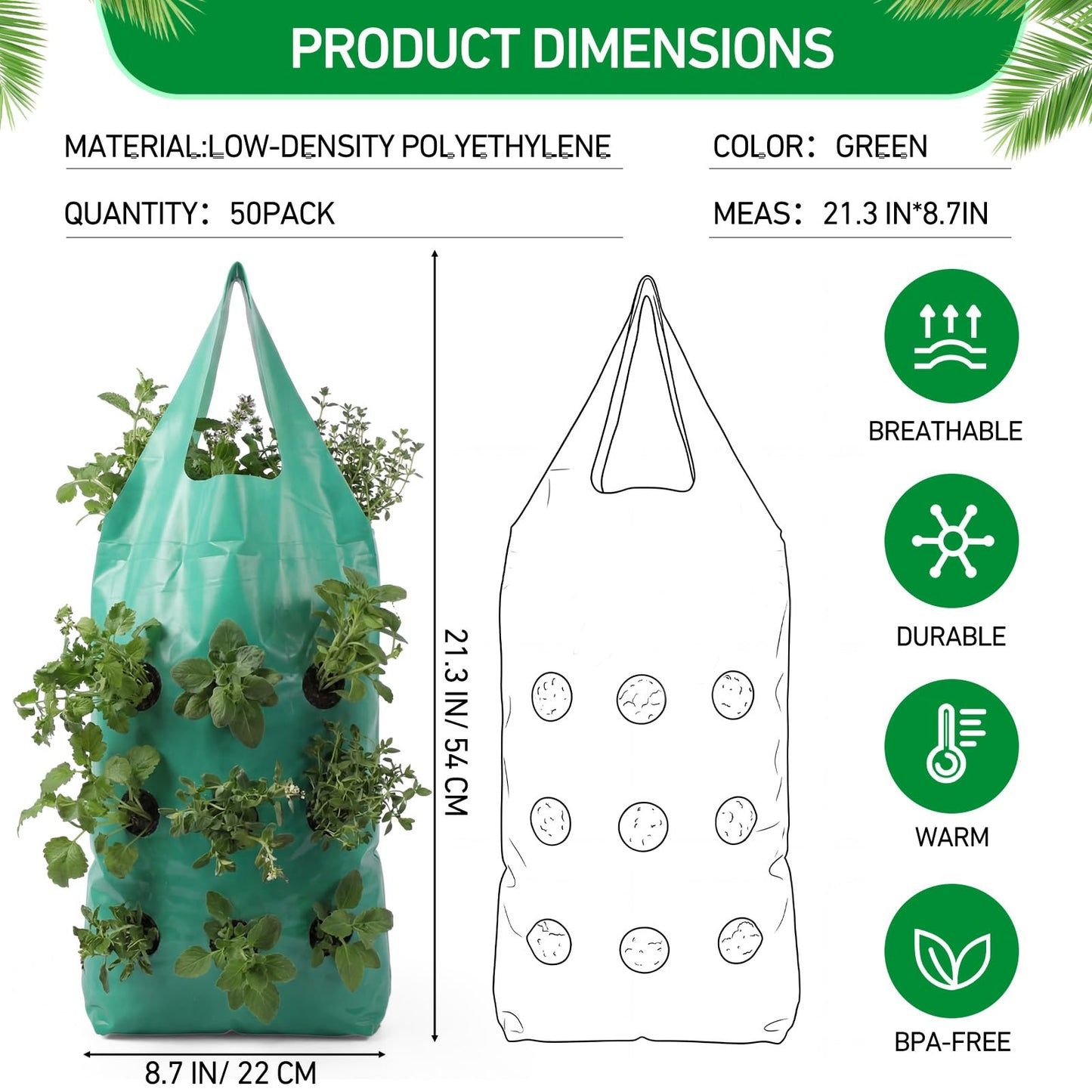 50 Pack Hanging Strawberry Planter Grow Bags, 9 Hole Plastic Hanging Vertical Planters, Upside Down Garden Bags with Reinforced Handles for Outdoor Wall Strawberries, Cherry, Tomatoes, Flowers, Tomato