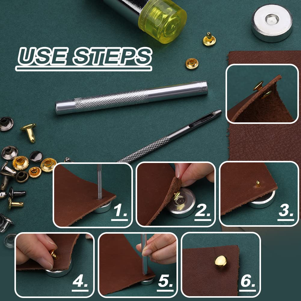 Yizzvb 320 Pcs Leather Rivets Kit, 60 Pcs Leather Snap Fasteners, 2 Size Double Cap Rivets Tubular, Double-Sided Nylon Hammer Fixing Tool Kit, Installation Tools for DIY Projects, Shoes and Repair