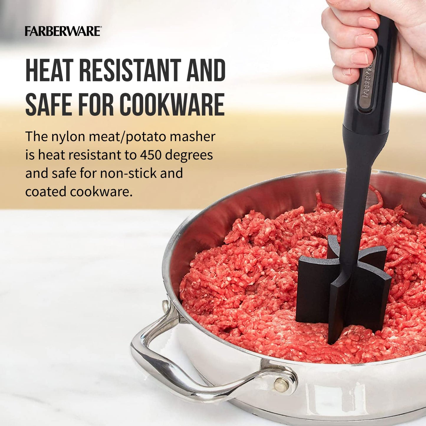Farberware Meat Chopper and Potato Masher, Nylon Ground Beef Chopper Tool with 5 Blades, Heat-Resistant Meat Masher for Nonstick Pans, Dishwasher Safe, 10 Inches